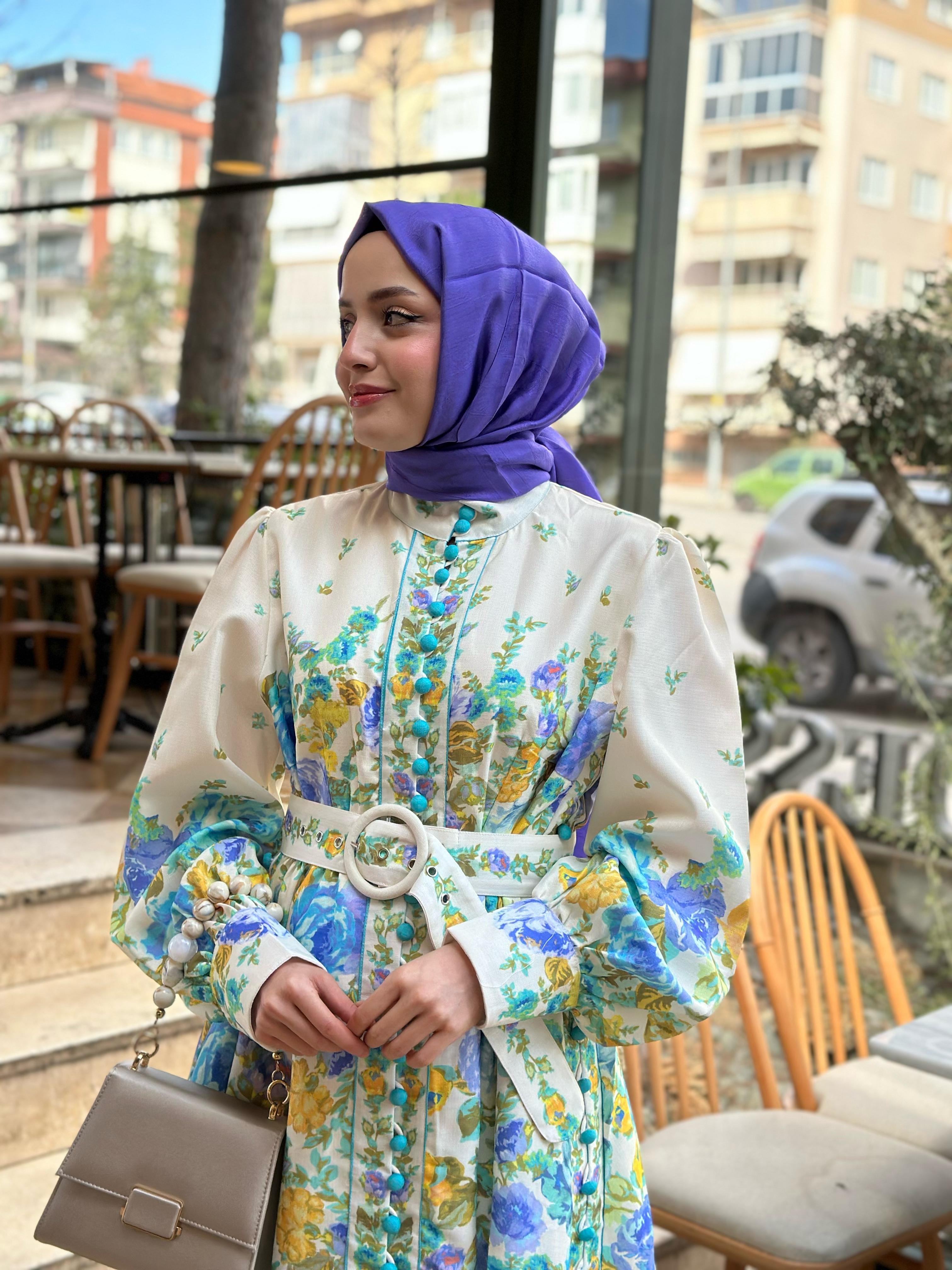 İthal 6315 Keten Çiçekli Elbise Yeşil