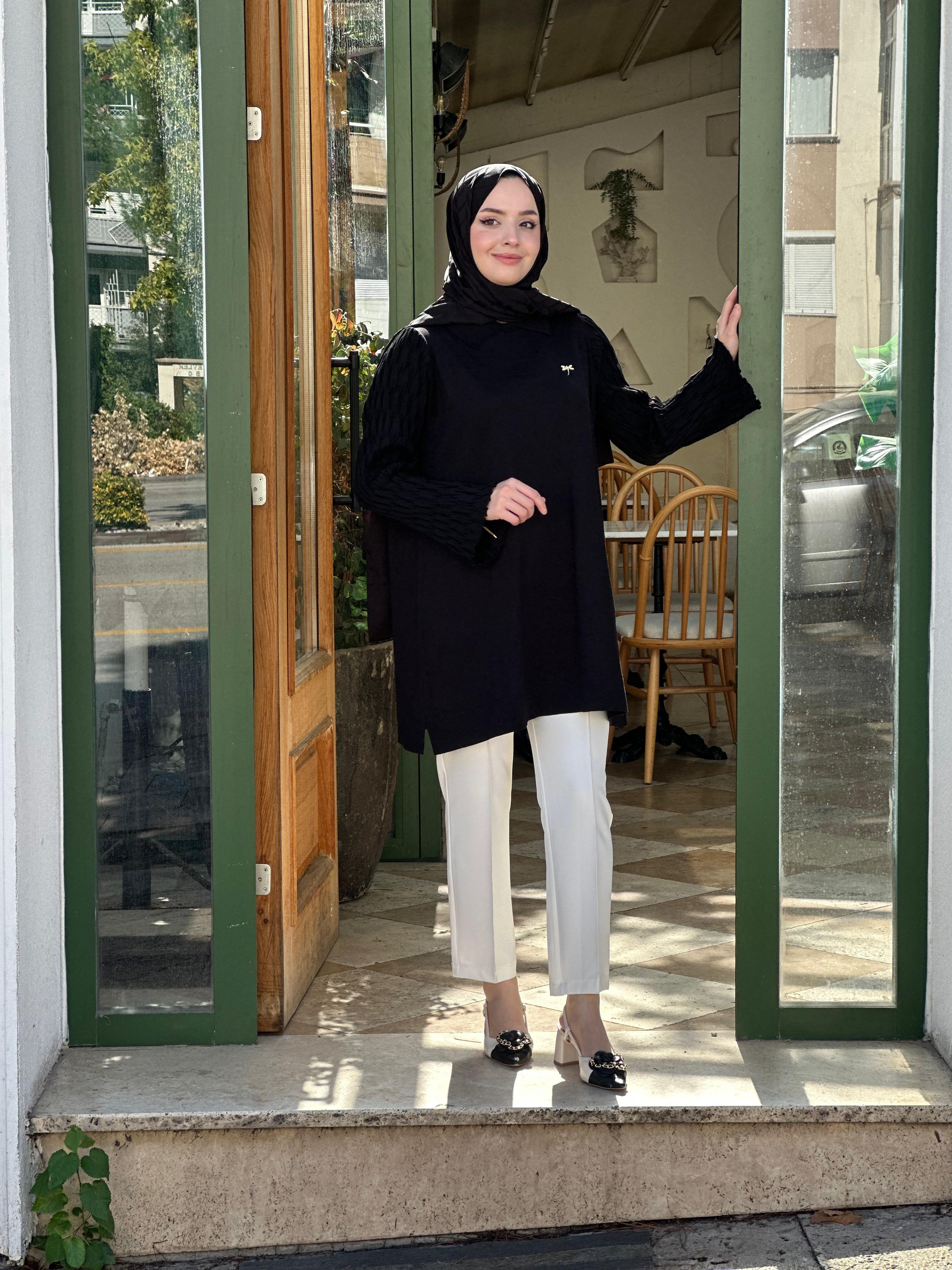 MERSERİZE 274 YUSUFÇUK KOLU DETAY TUNİK SİYAH