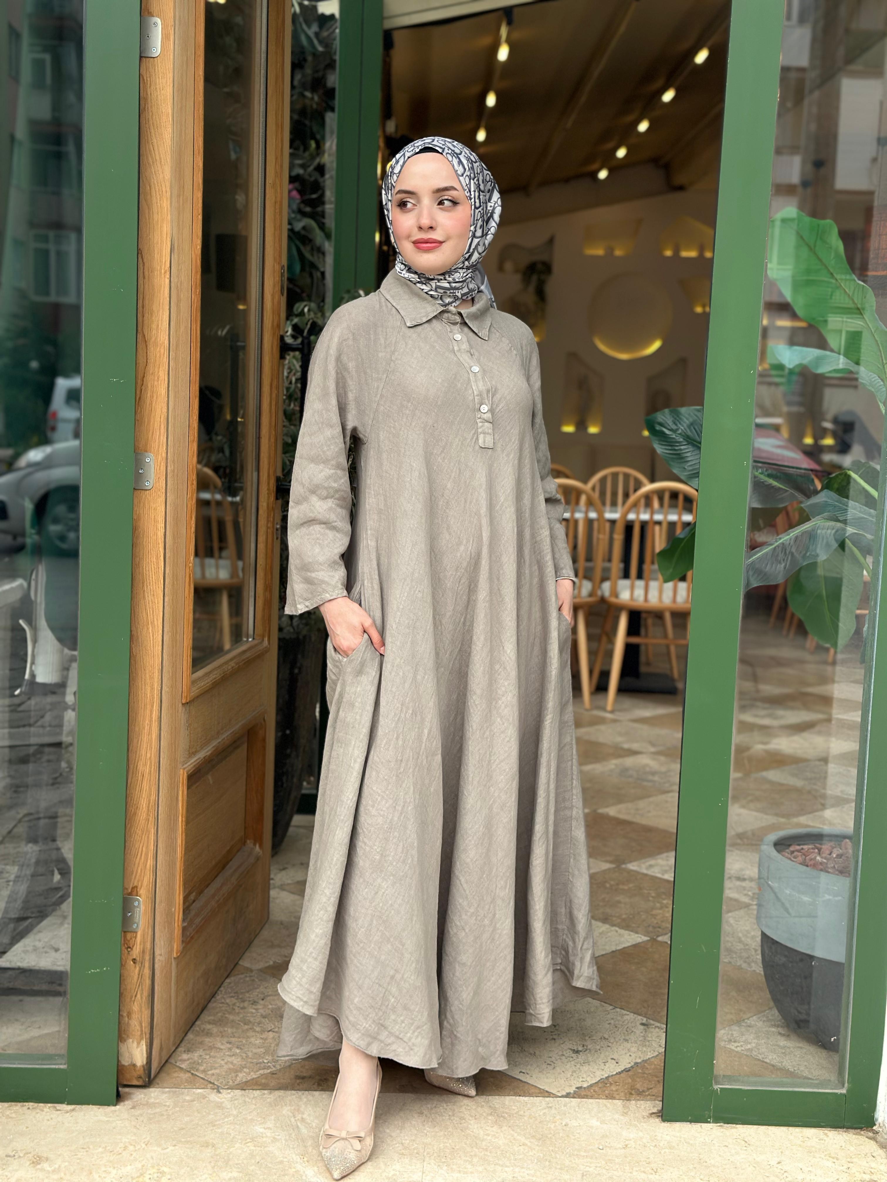 İthal C Düz Keten Elbise