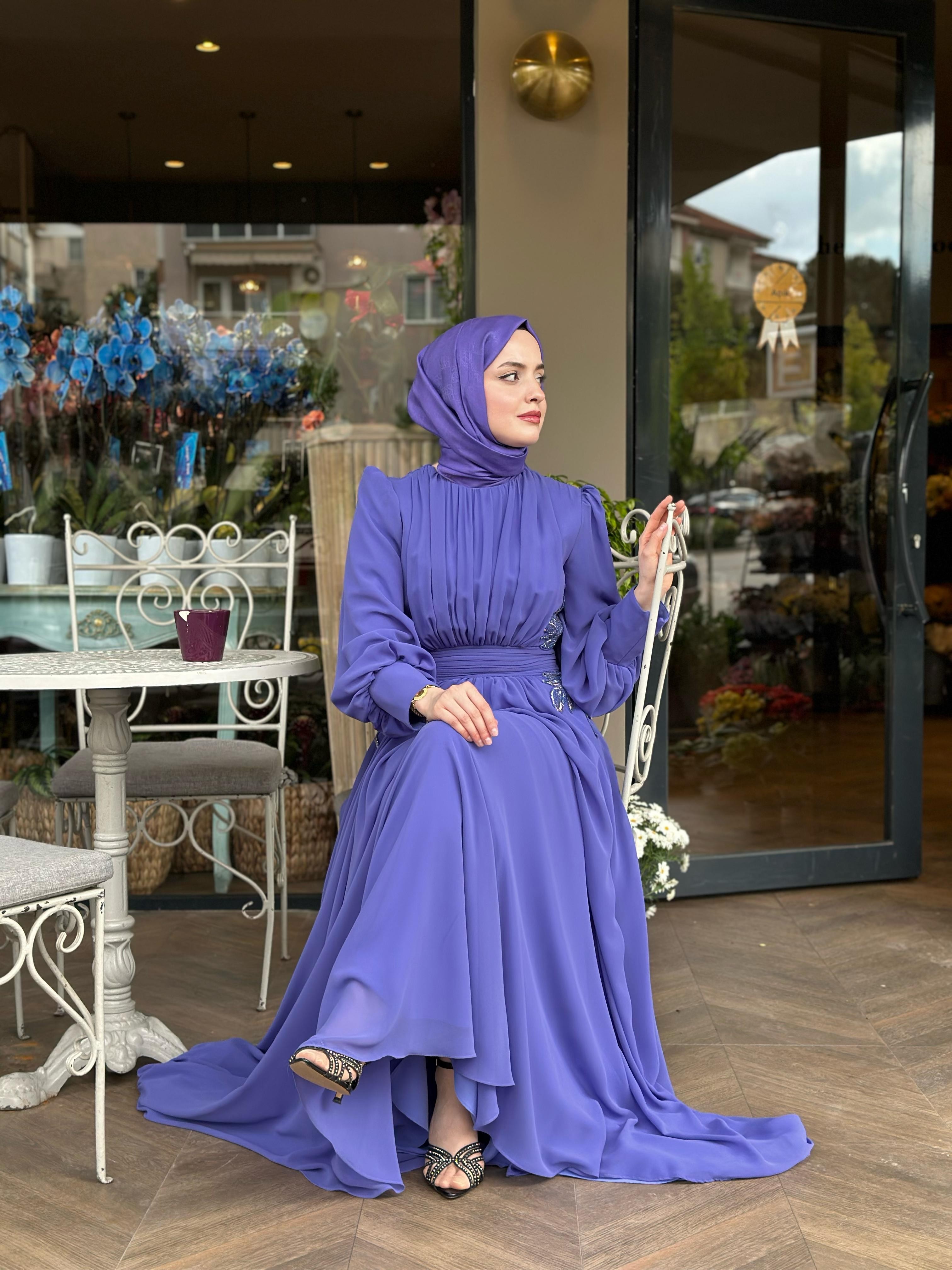 Jamila Sarah Abiye 3026 Önü Büzgülü Balon Kol Şifon Abiye