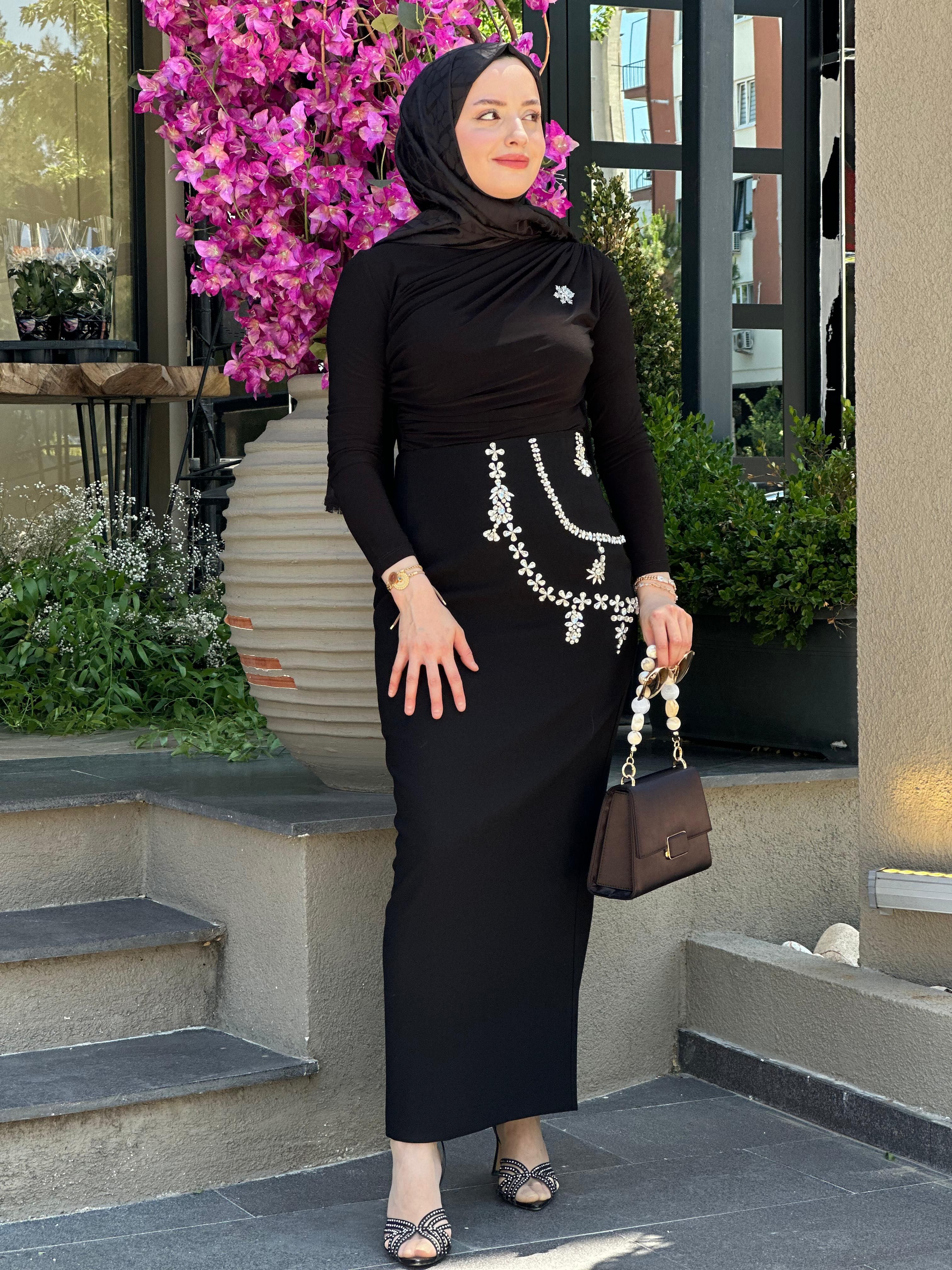 Jamila Sarah 6004 Taş İşlemeli Etek  - Siyah