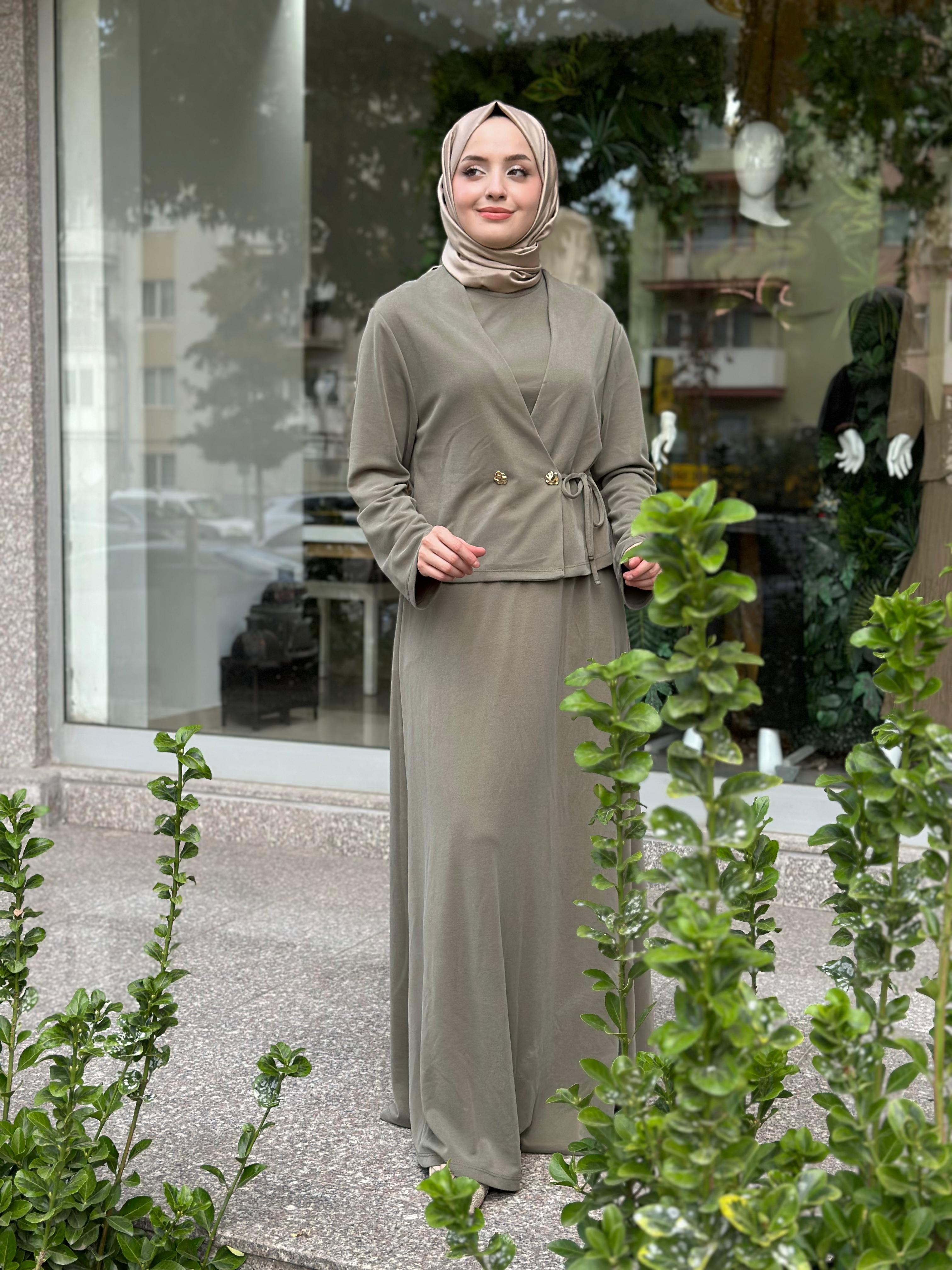 İkoll 16840 Bağlama Ceketli Elbise - Haki