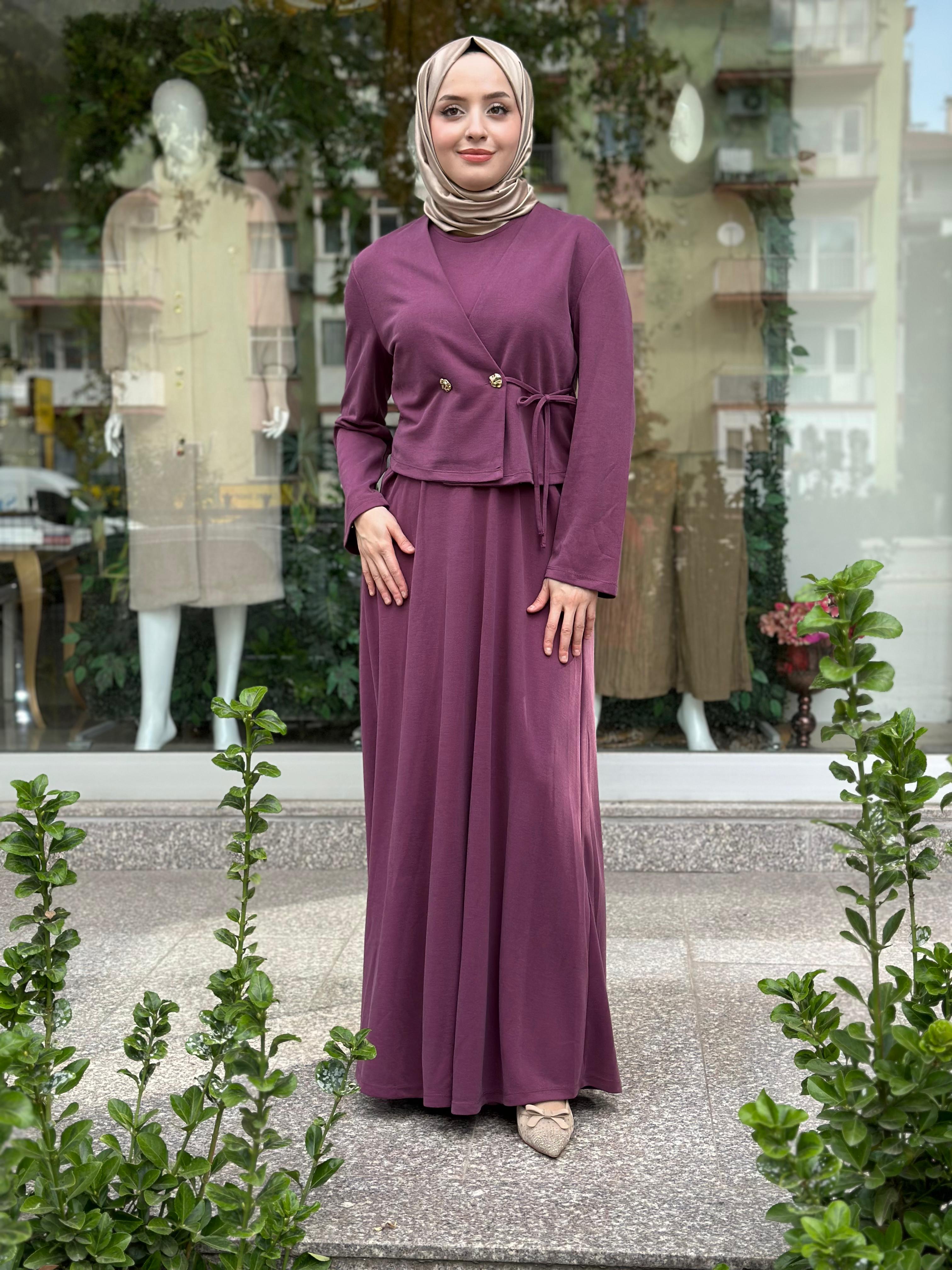 İkoll 16840 Bağlama Ceketli Elbise - Mürdüm