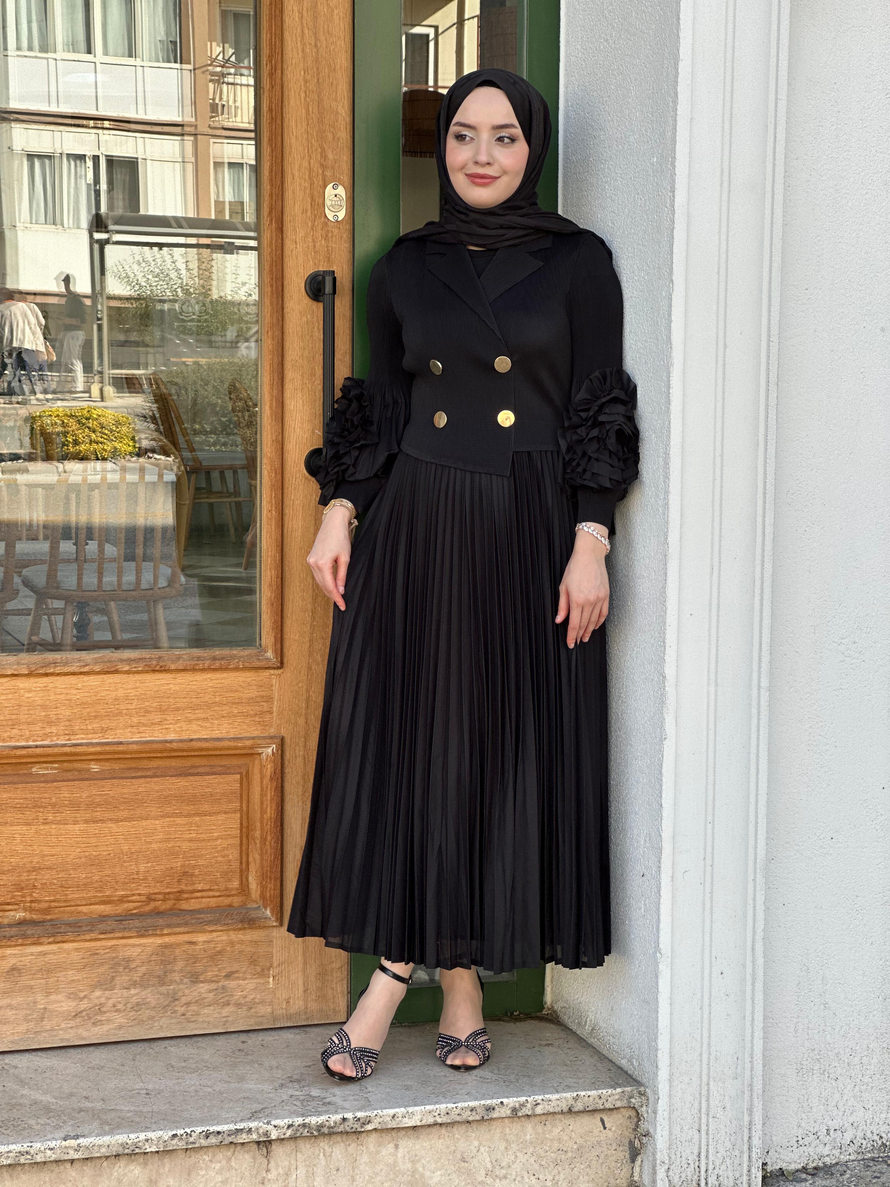 İTHAL M 55 KOLU DETAYLI SİYAH DÜĞMELİ ELBİSE