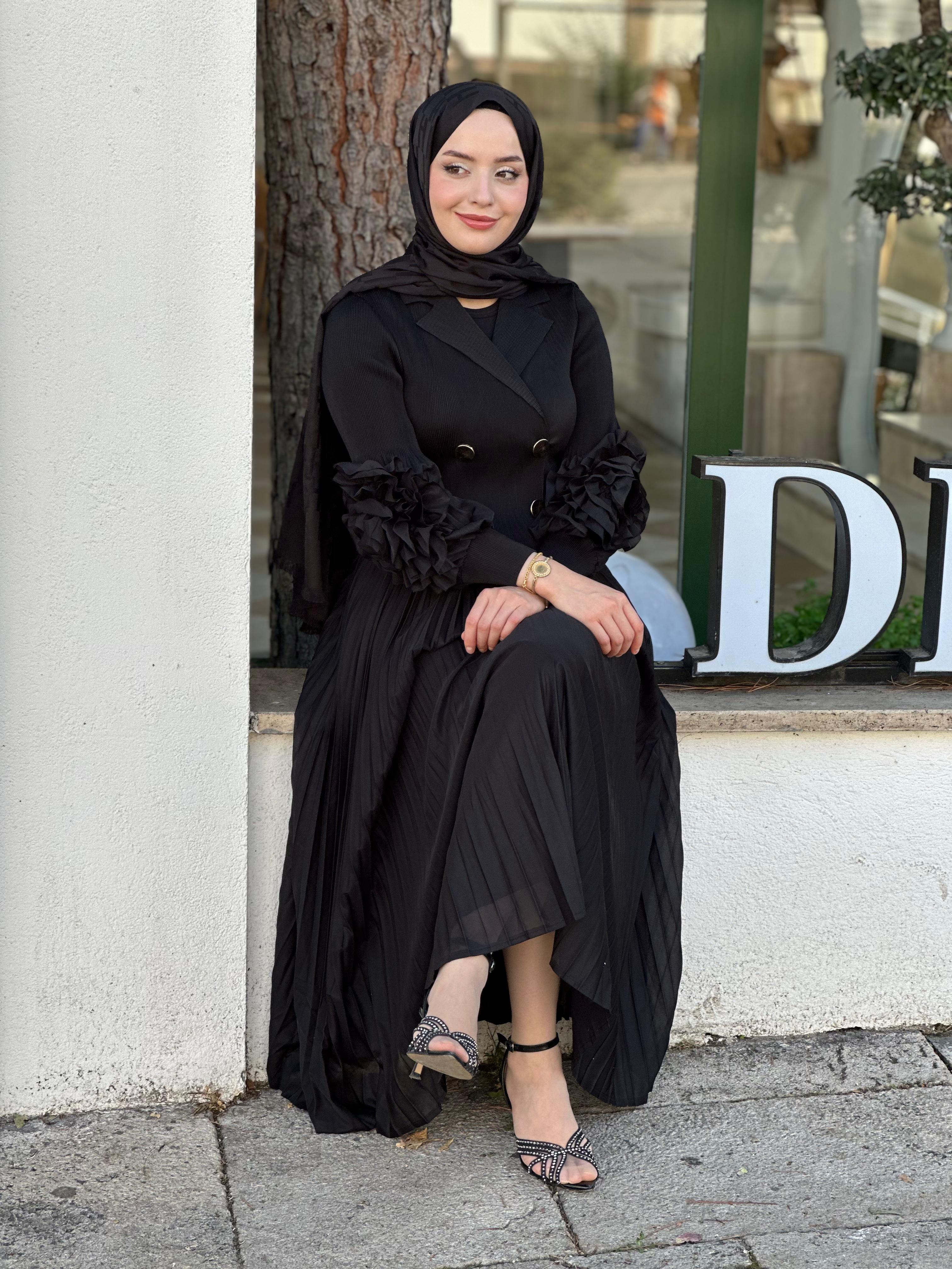 İTHAL M 55 KOLU DETAYLI SİYAH DÜĞMELİ ELBİSE