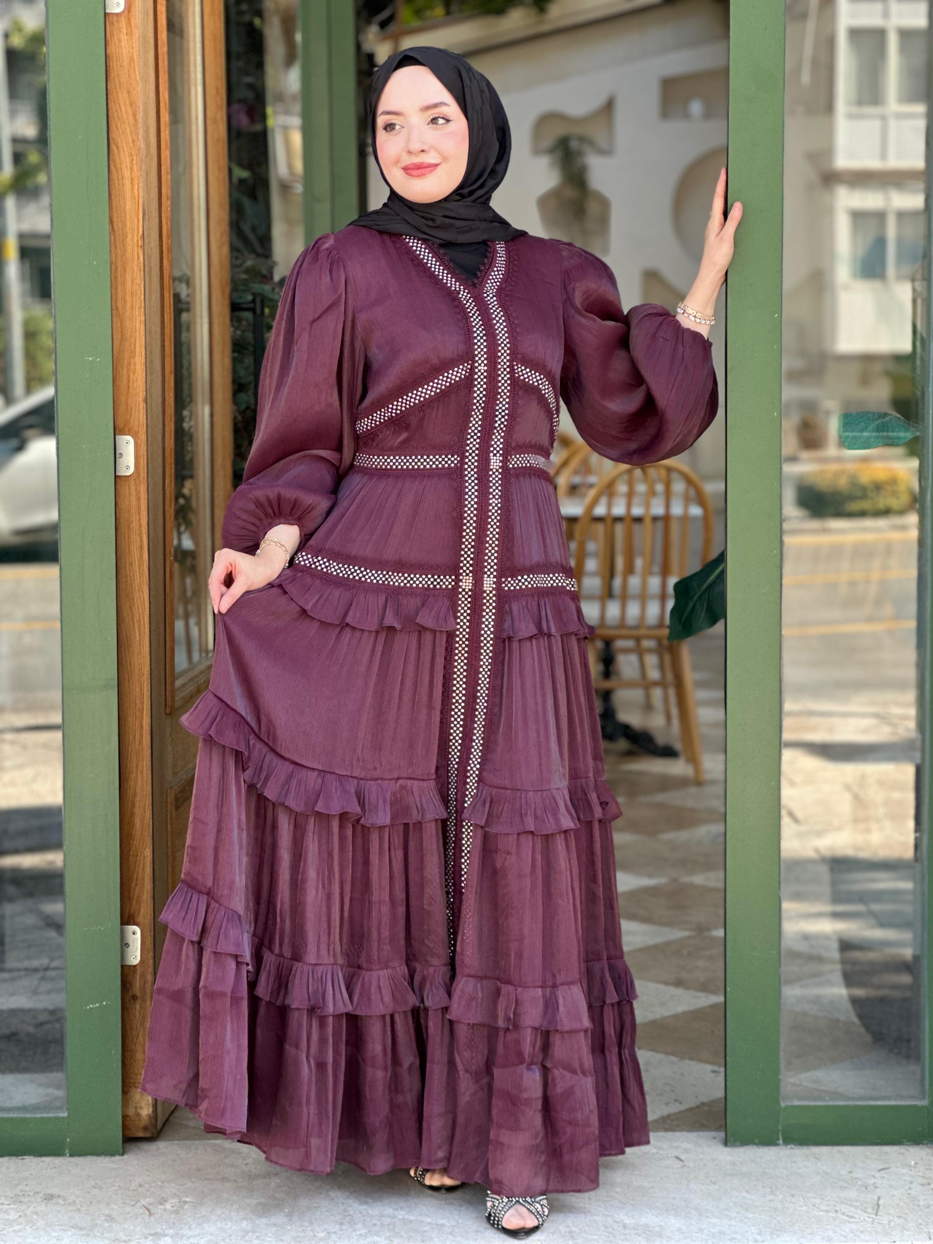 İthal Y 7262 Şerit Taşlı Şifon Elbise - Bordo