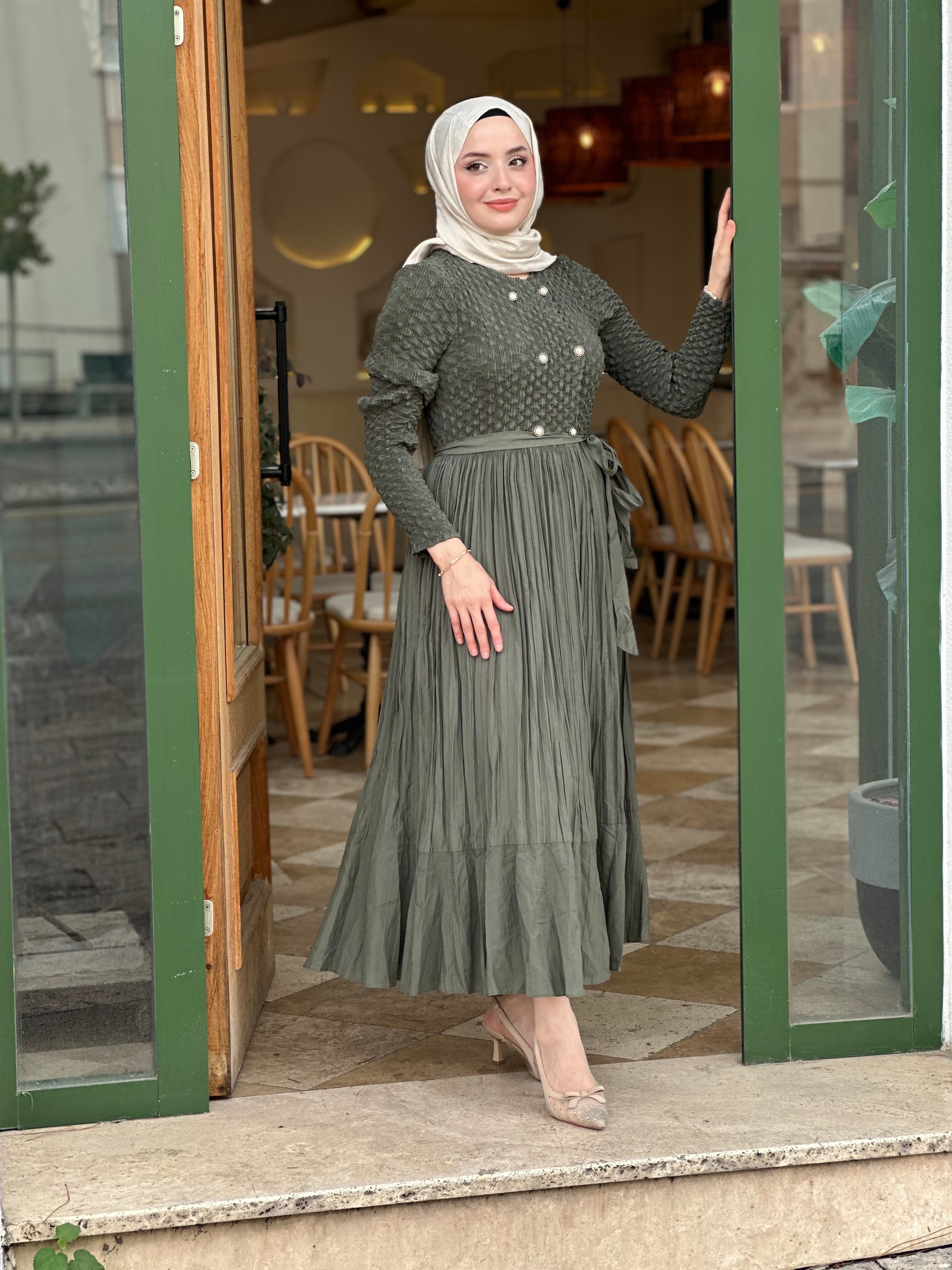 İthal T 2045 Çiçek Düğmeli Elbise