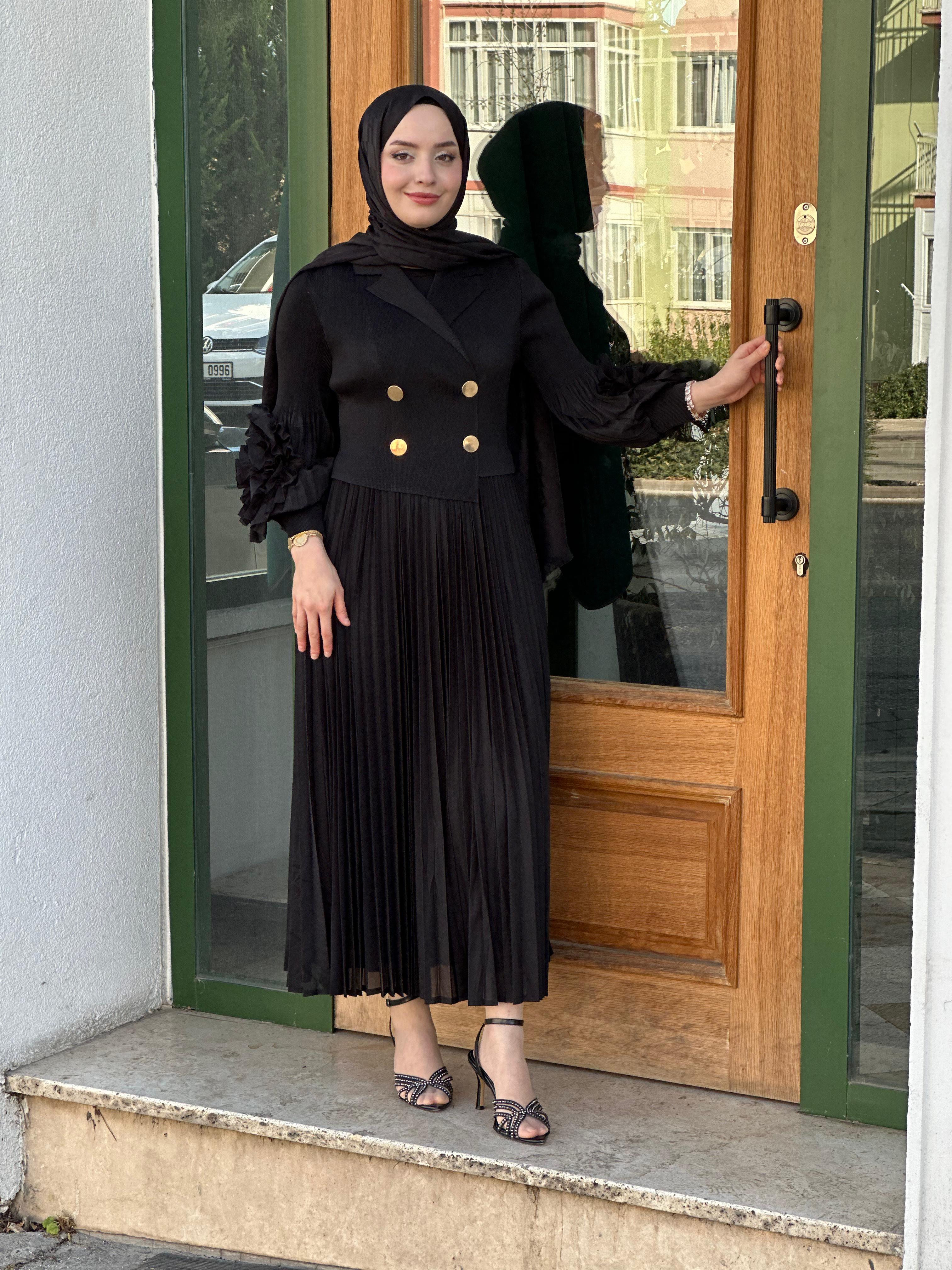 İTHAL M 55 KOLU DETAYLI SİYAH DÜĞMELİ ELBİSE