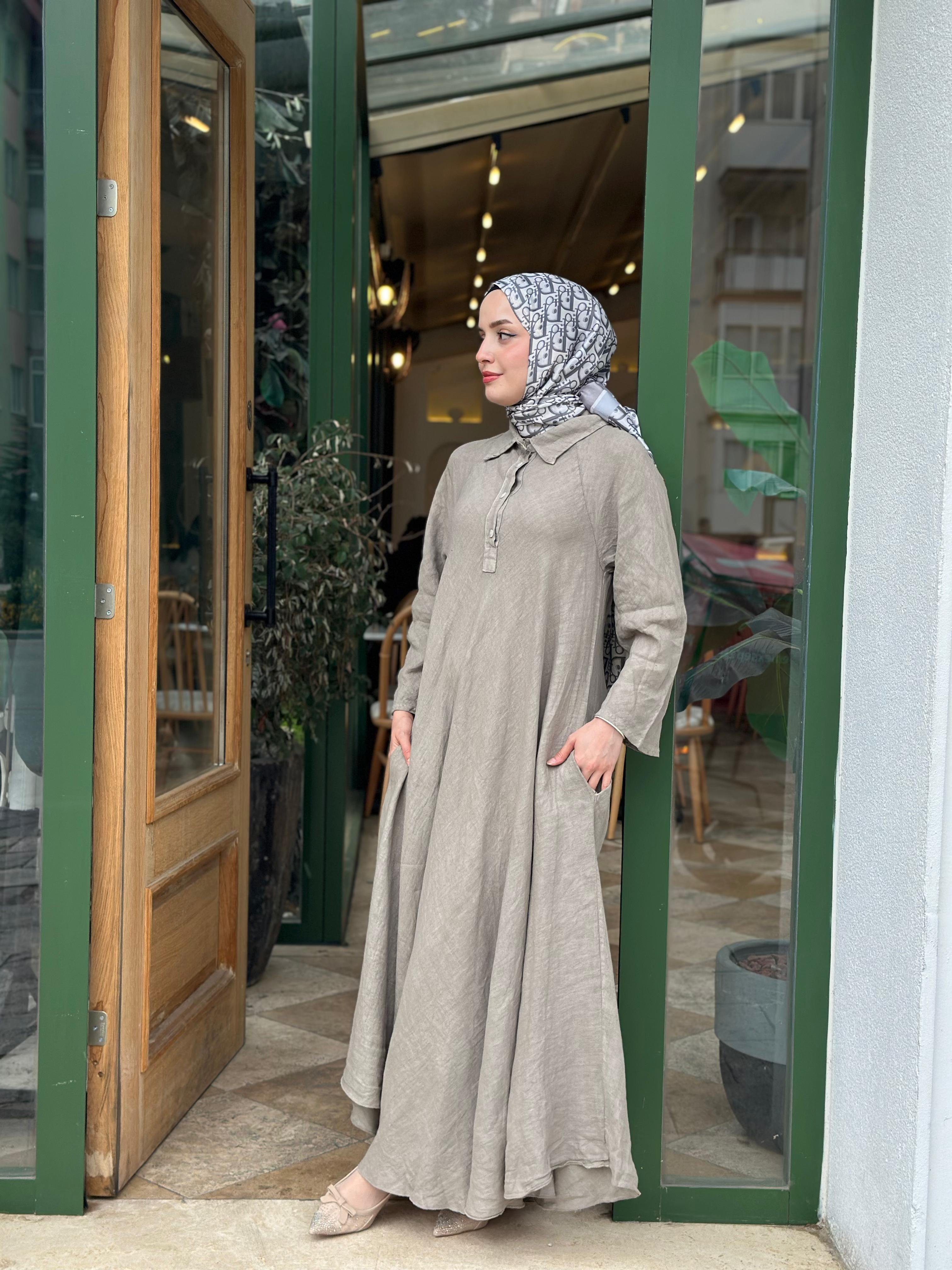 İthal C Düz Keten Elbise
