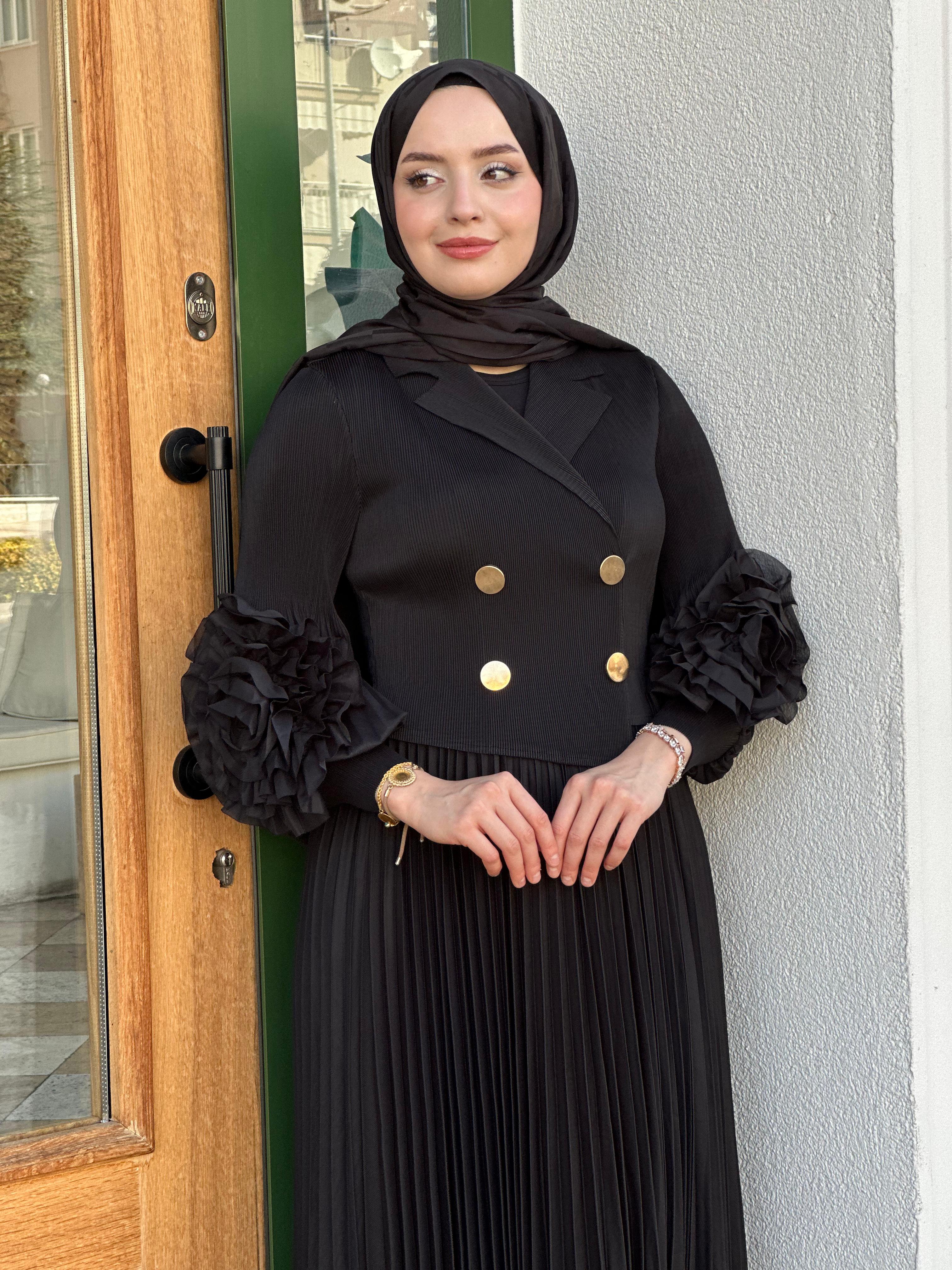 İTHAL M 55 KOLU DETAYLI SİYAH DÜĞMELİ ELBİSE