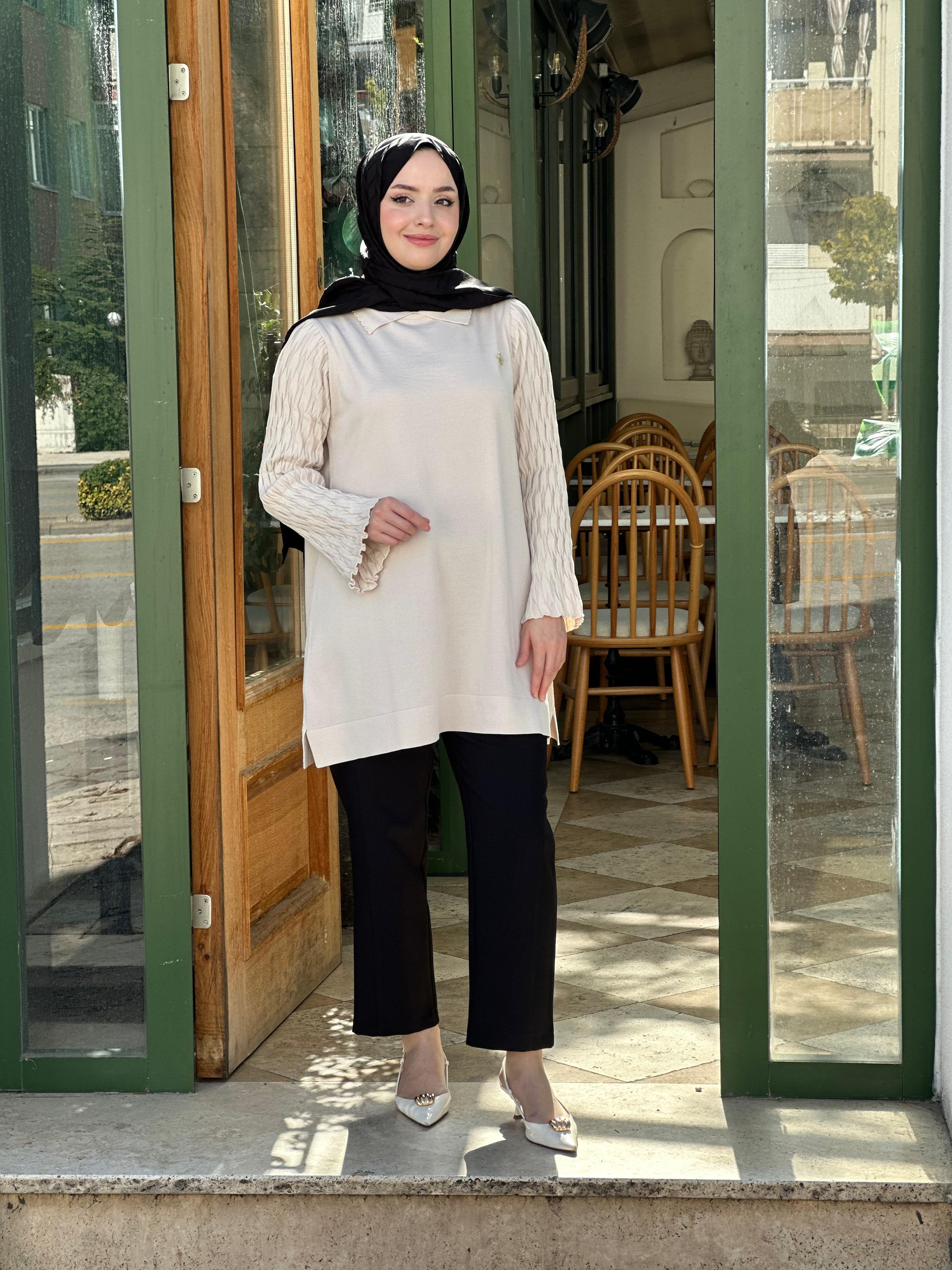 MERSERİZE 274 YUSUFÇUK KOLU DETAY TUNİK SİYAH - Vizon