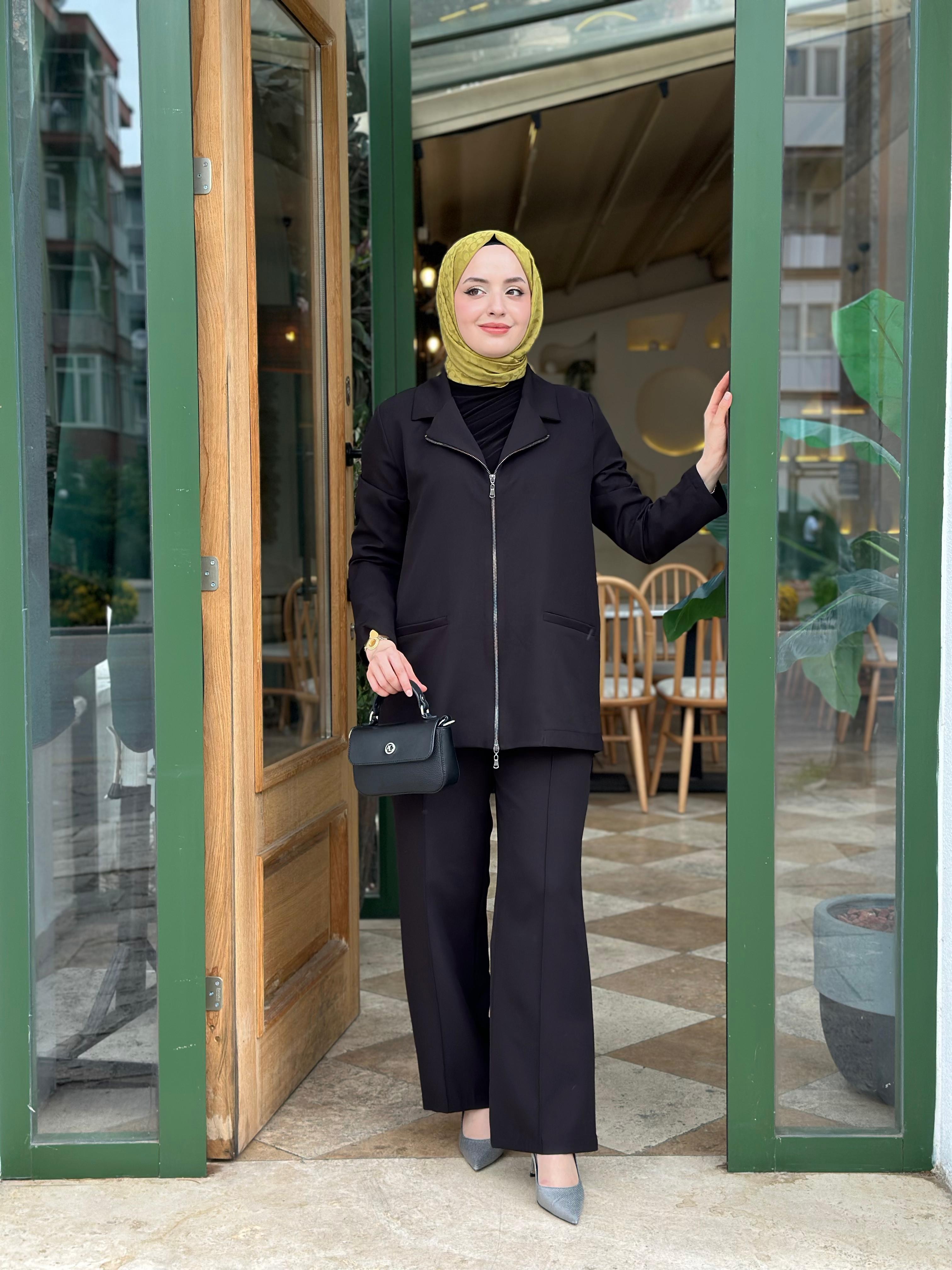 AHİ 6139 Fermuarlı Pantolonlu Takım - Siyah