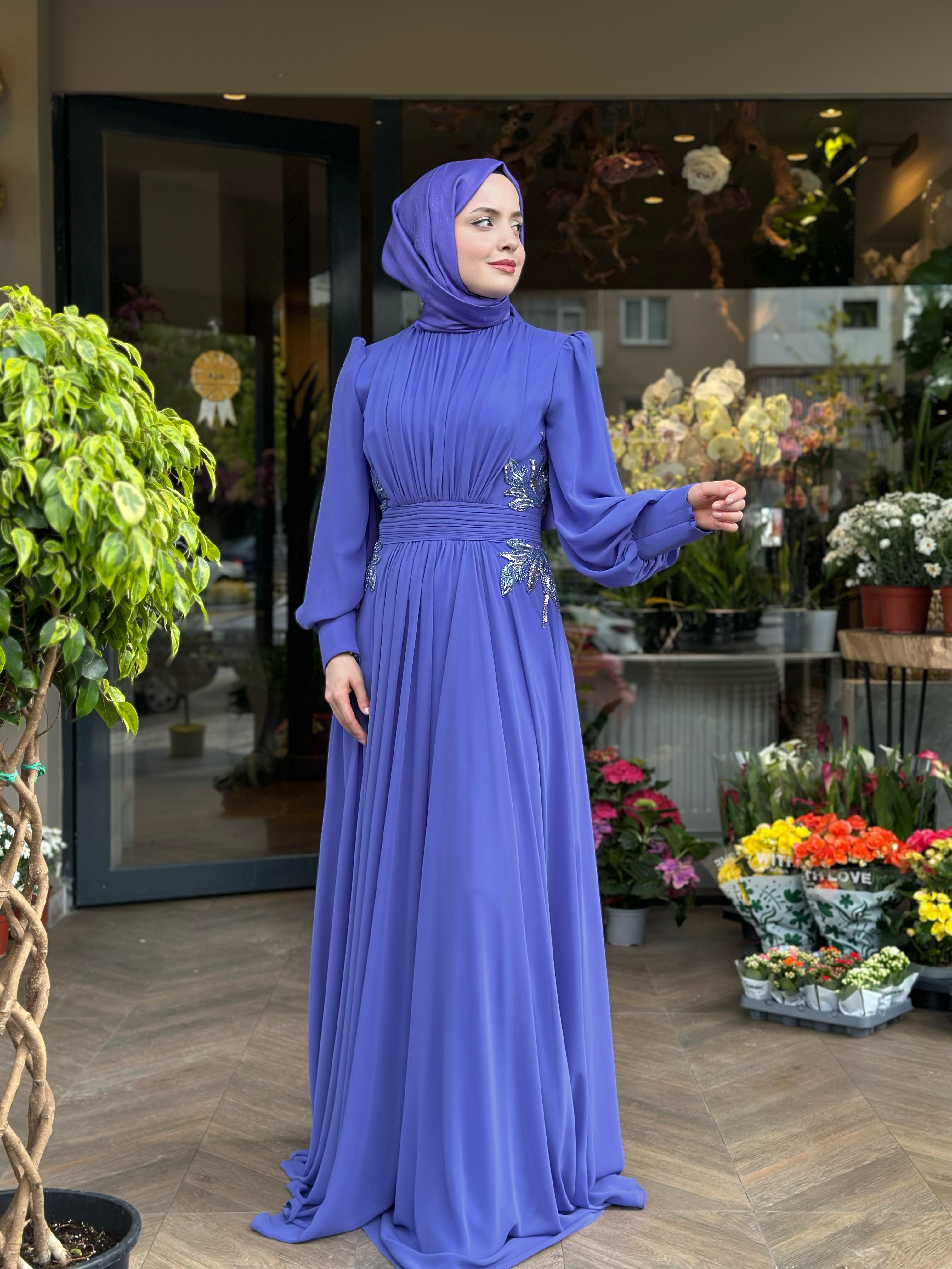 Jamila Sarah Abiye 3026 Önü Büzgülü Balon Kol Şifon Abiye