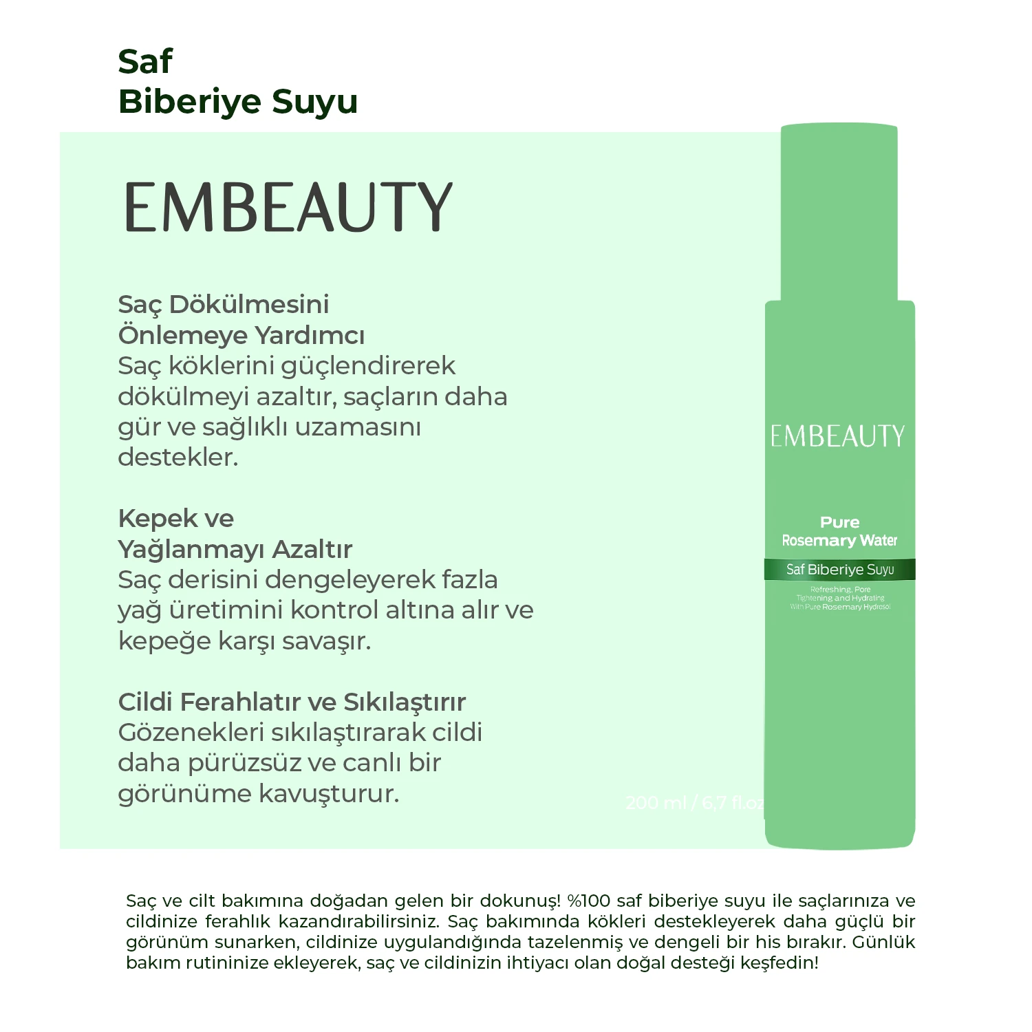 Biberiye Suyu Dökülme Karşıtı Ve Hızlı Saç Uzatma Etkili Saç Toniği %100 Doğal Ve Saf