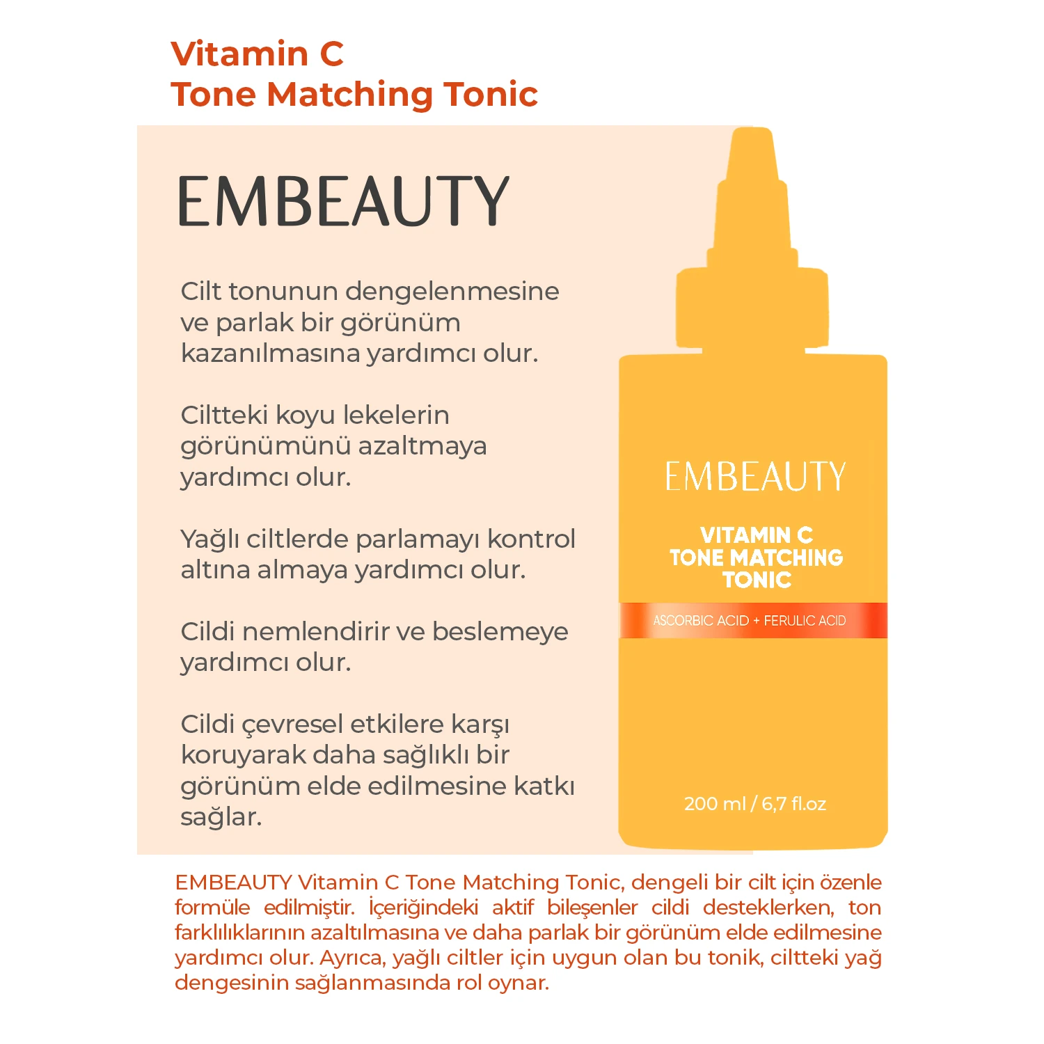 Ton Eşitleyici C Vitamini Aydınlatıcı Ferulic Acid Tonik 200 ml