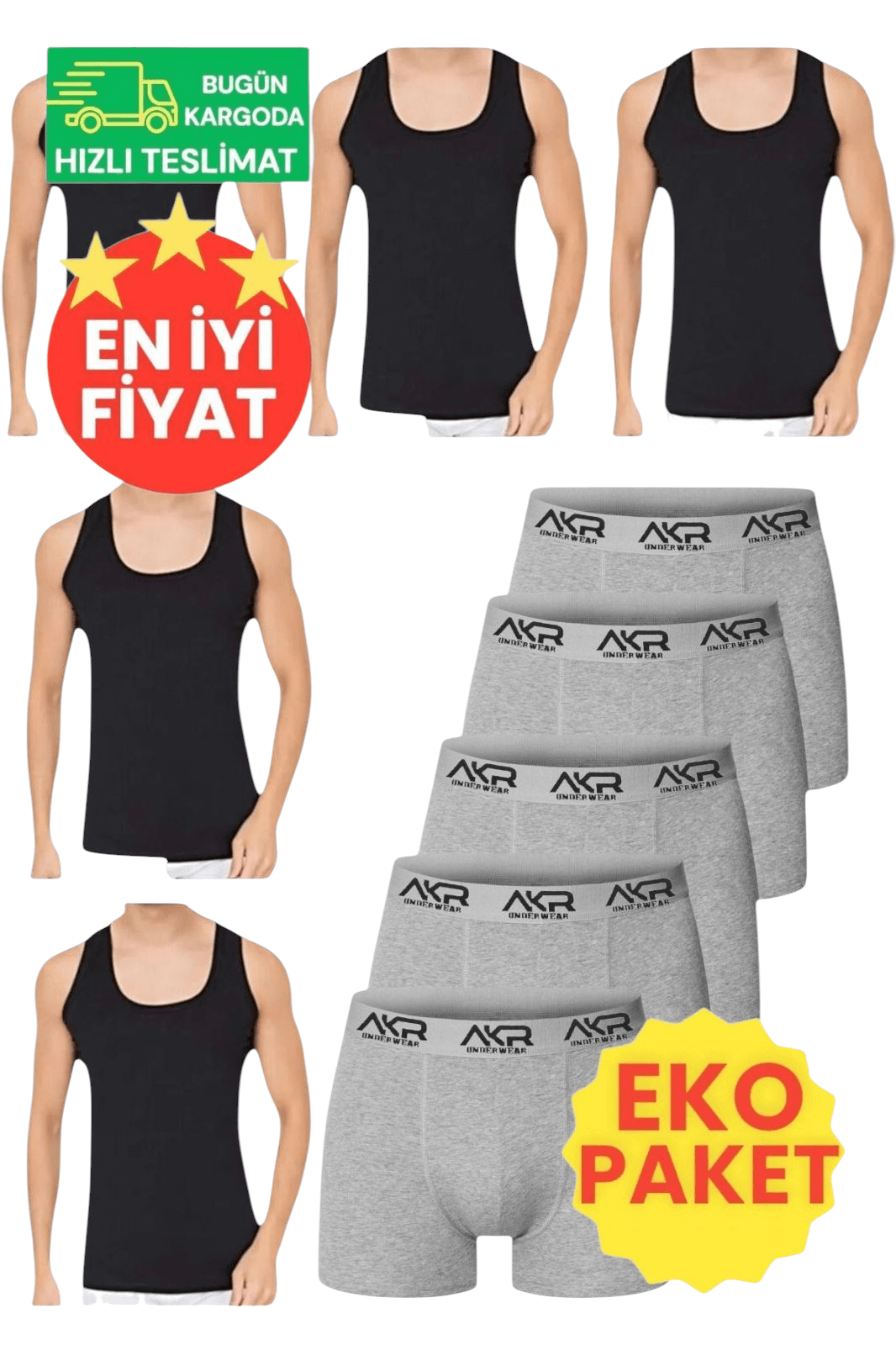 Erkek Pamuklu Dört Mevsim 5 Siyah Atlet 5 Gri Boxer Set
