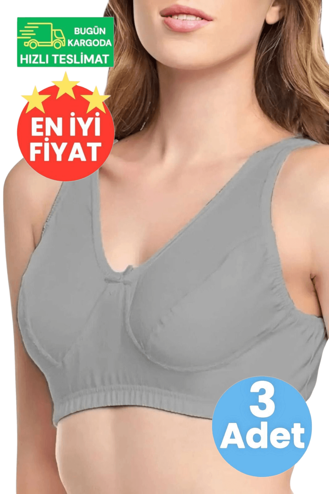Kadın Pamuklu Penye Dört Mevsim Gri 3'lü Yarım Atlet Sütyen