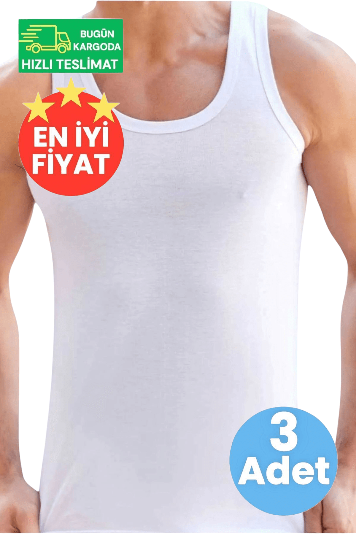 Erkek Pamuklu Dört Mevsim Beyaz 3 lü Atlet