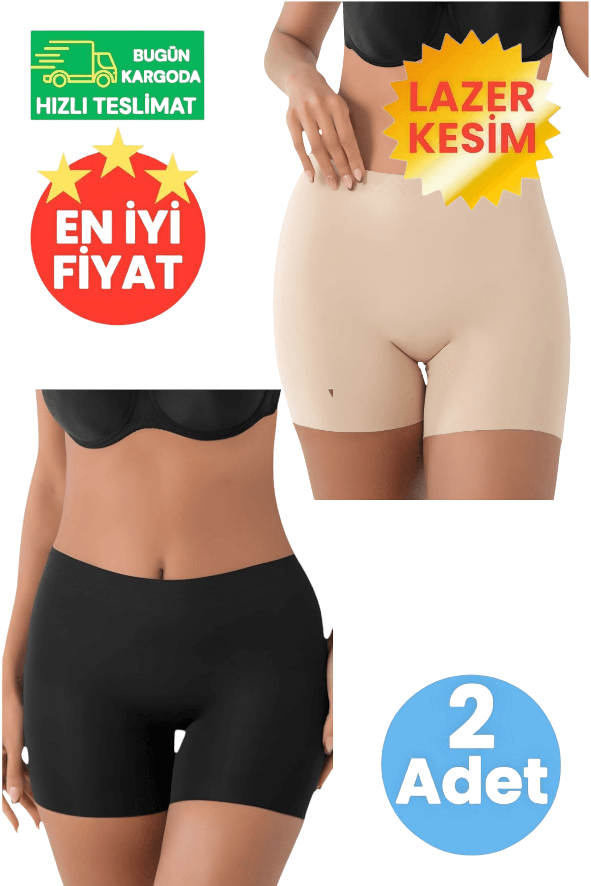 Kadın Lazer Kesim İnceltici ve Toparlayıcı Yüksek Bel Siyah ve Ten Rengi 2'li Boxer Korse
