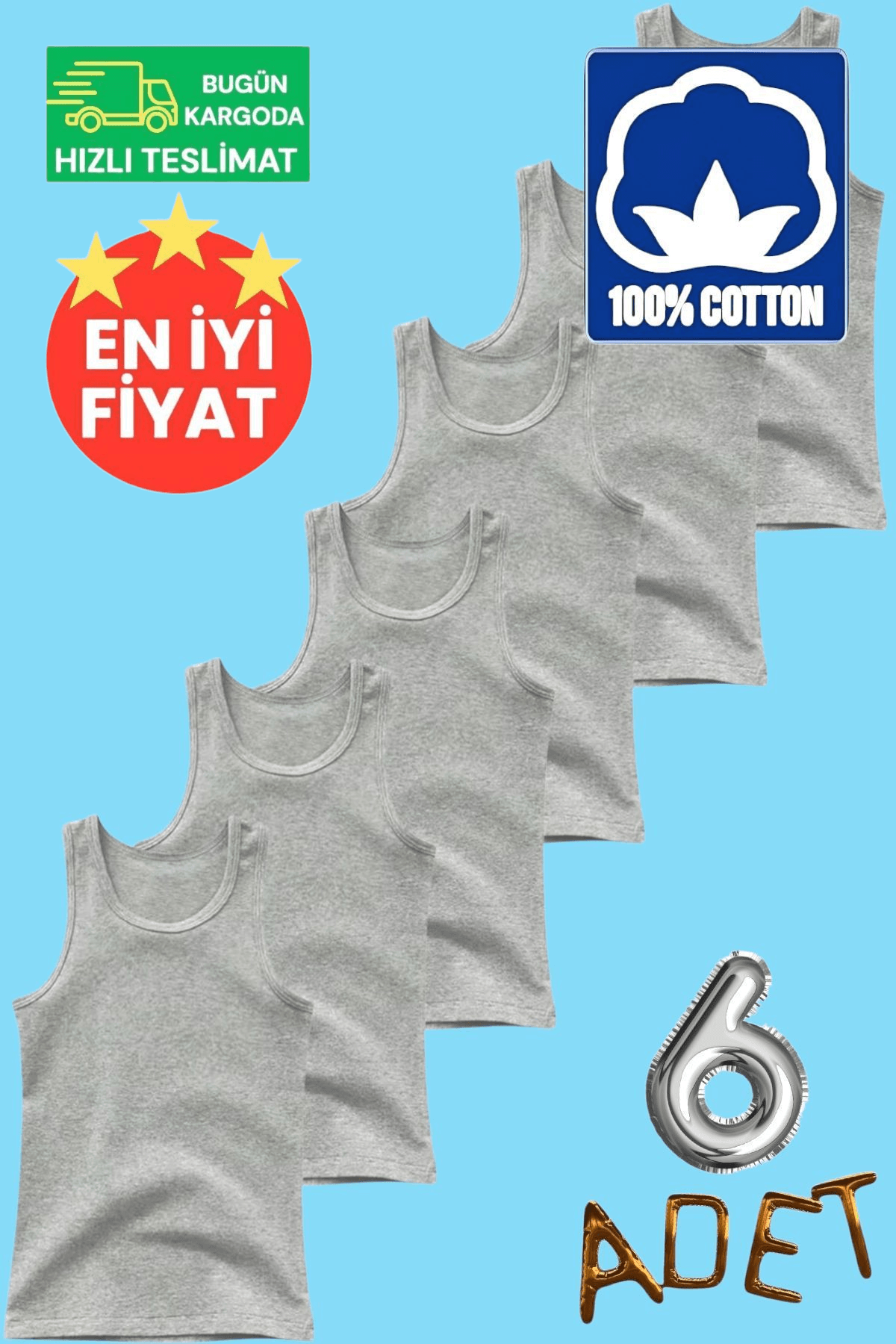 Erkek Çocuk Premium % 100 Pamuklu Gri 6'lı Atlet