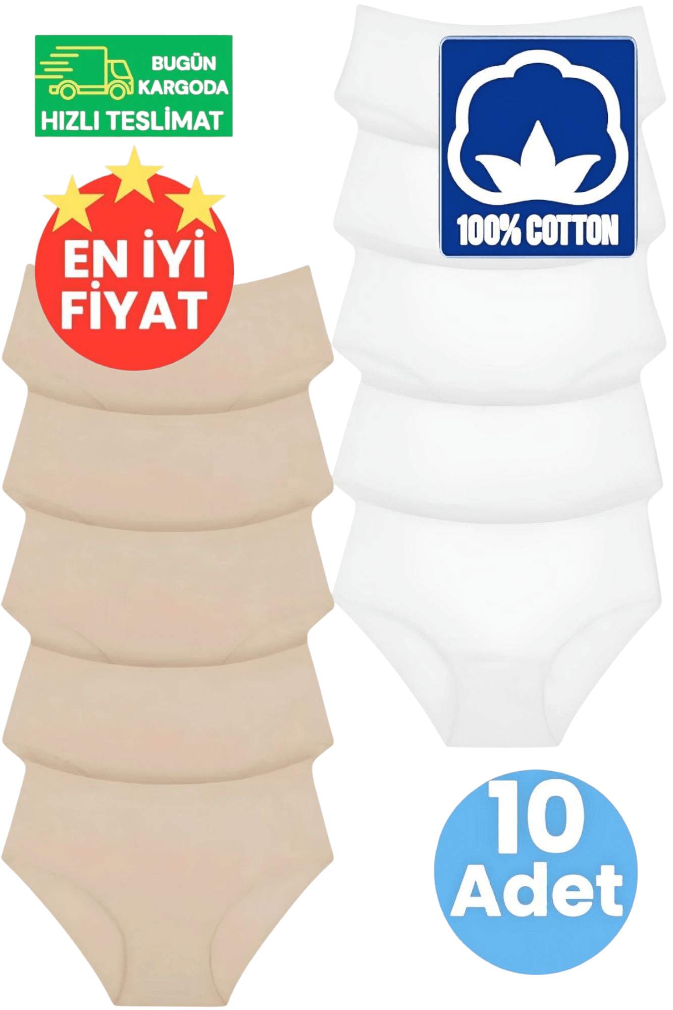 Kadın Yüksel Bel %100 Pamuklu Fitilli 5 Beyaz ve 5 Ten Rengi 10'lu Bato Külot 