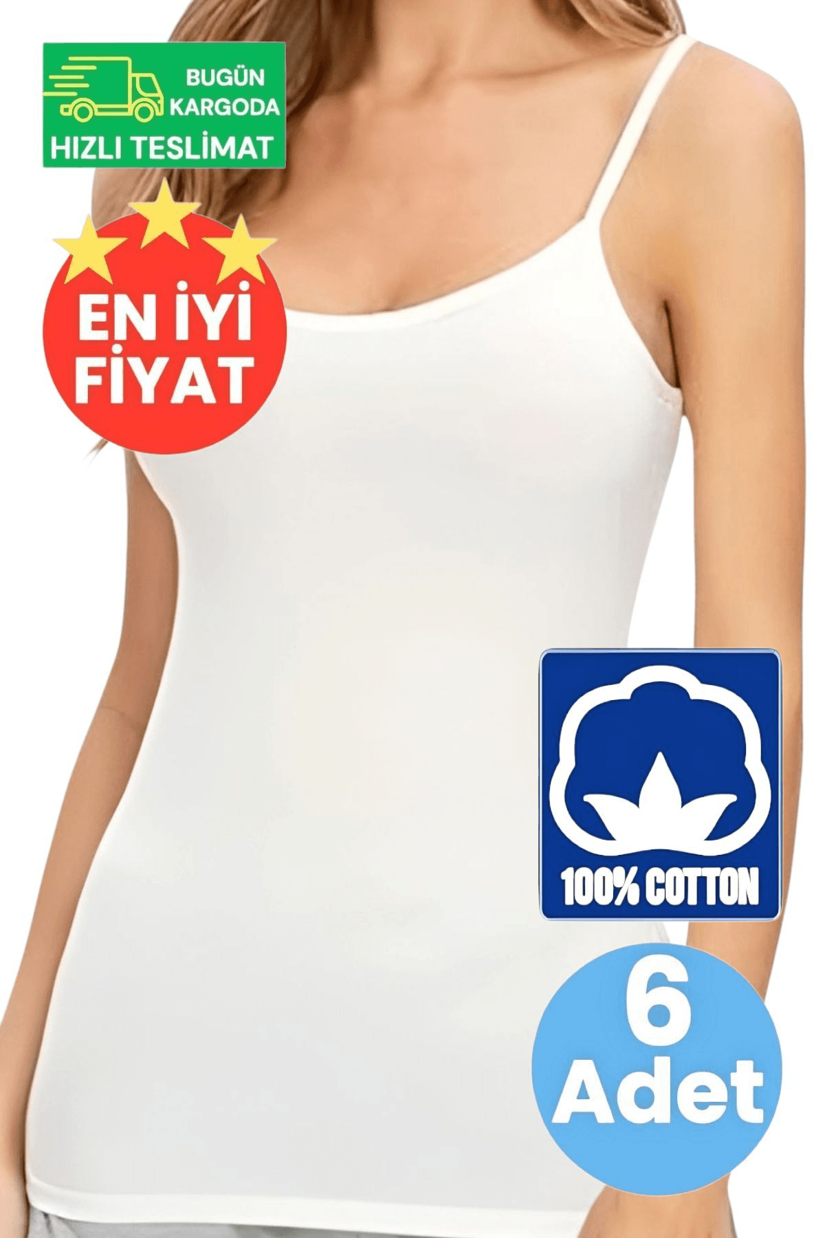 Kadın Premium % 100 Pamuklu  İp Askılı Beyaz 6'lı Atlet