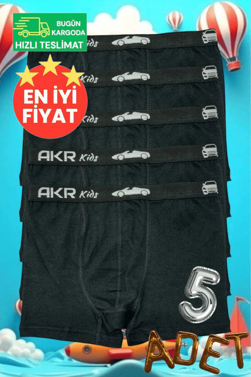 Erkek Çocuk Pamuklu Dört Mevsim  Siyah 5'li Boxer