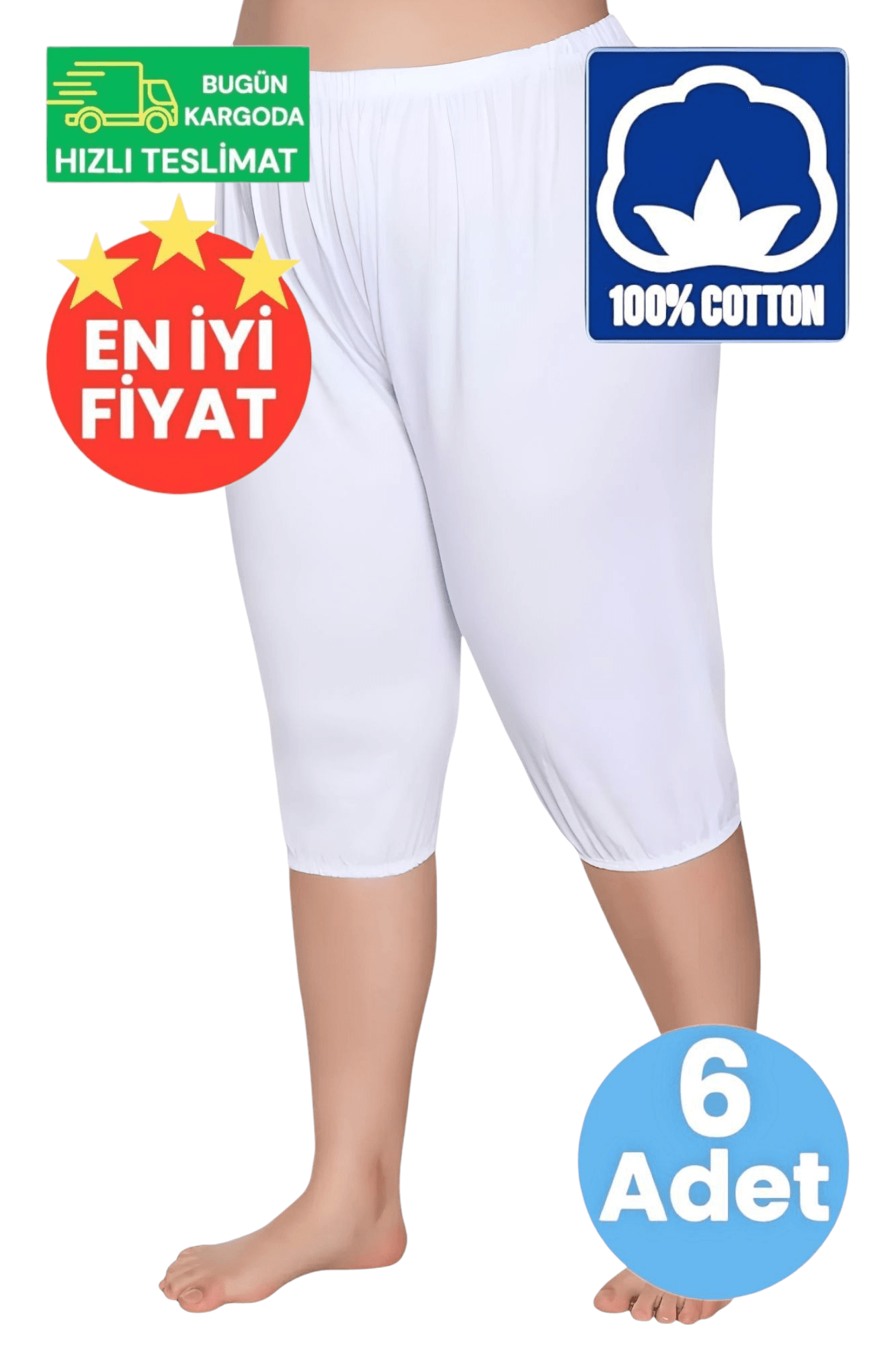 Kadın %100 Pamuklu Lastikli Kısa Pijama Beyaz 6'lı Paçalı Don
