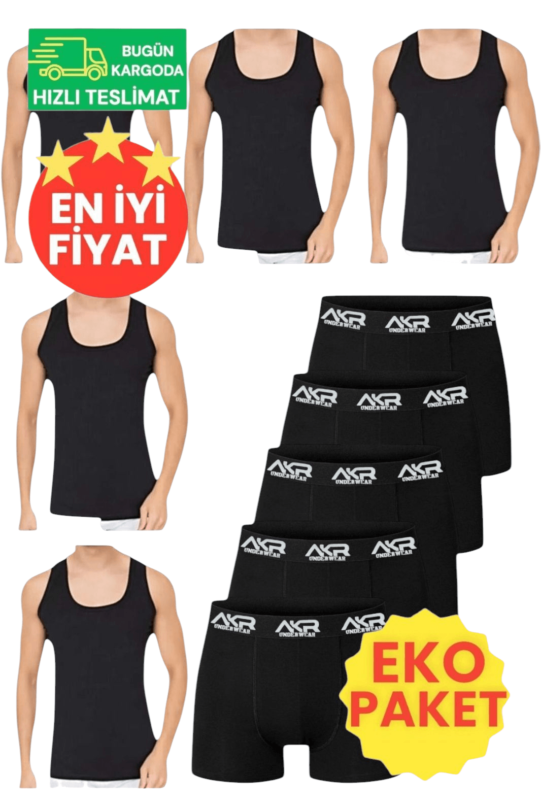Erkek Pamuklu Dört Mevsim 5 Siyah Atlet 5 Siyah Boxer Set