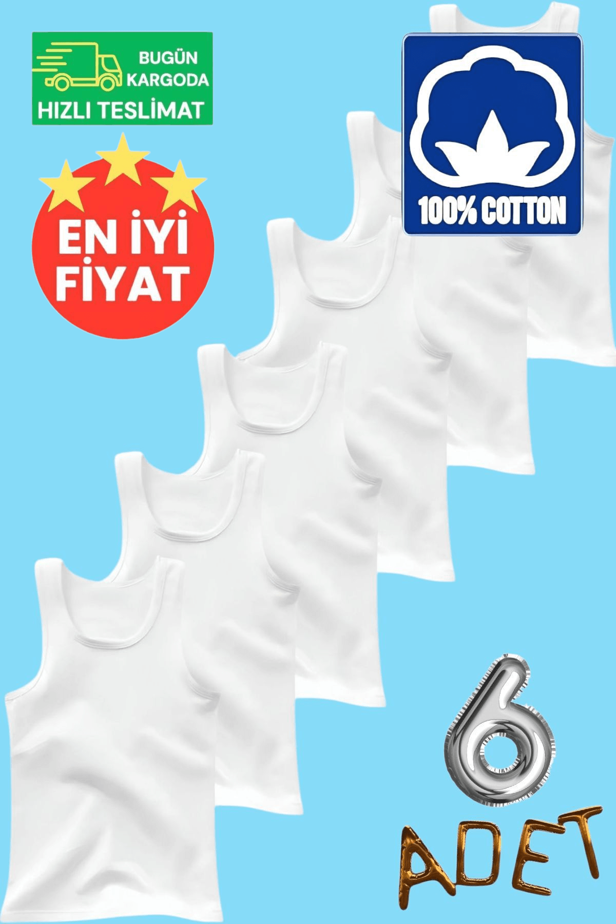 Erkek Çocuk Premium % 100 Pamuklu Beyaz 6'lı Atlet