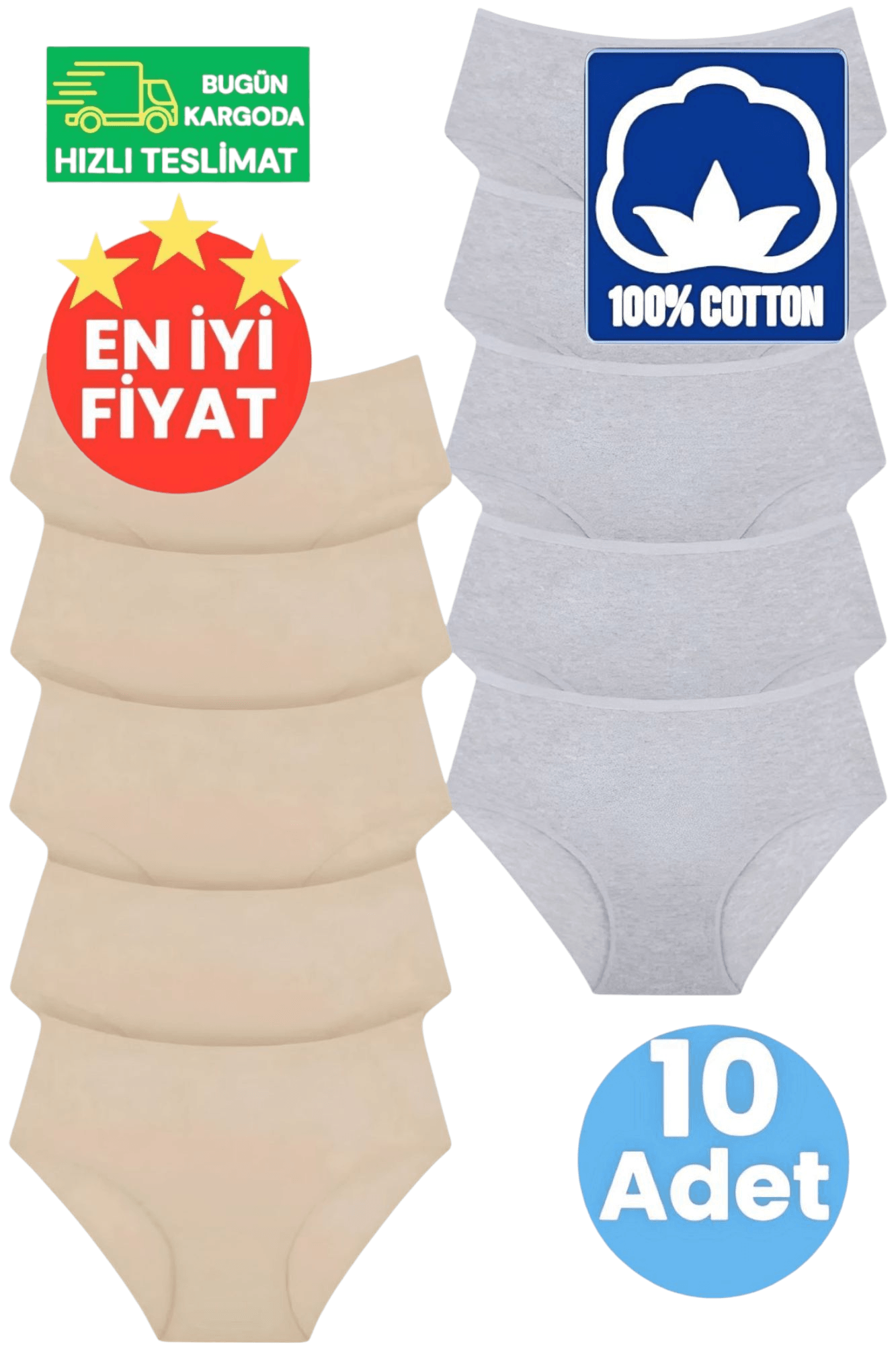Kadın Yüksel Bel %100 Pamuklu Fitilli 5 Gri ve 5 Ten Rengi 10'lu Bato Külot 