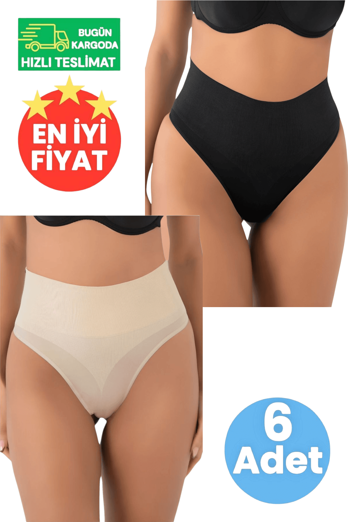 Kadın Dikişsiz Alt Karın Toparlayıcı 3 Ten Rengi ve 3 Siyah 6'lı String Külot Korse