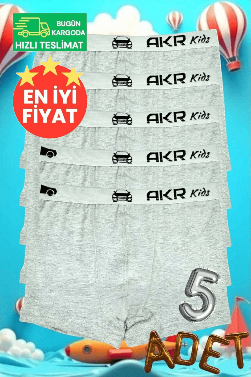  Erkek Çocuk Pamuklu Dört Mevsim  Gri 5'li Boxer
