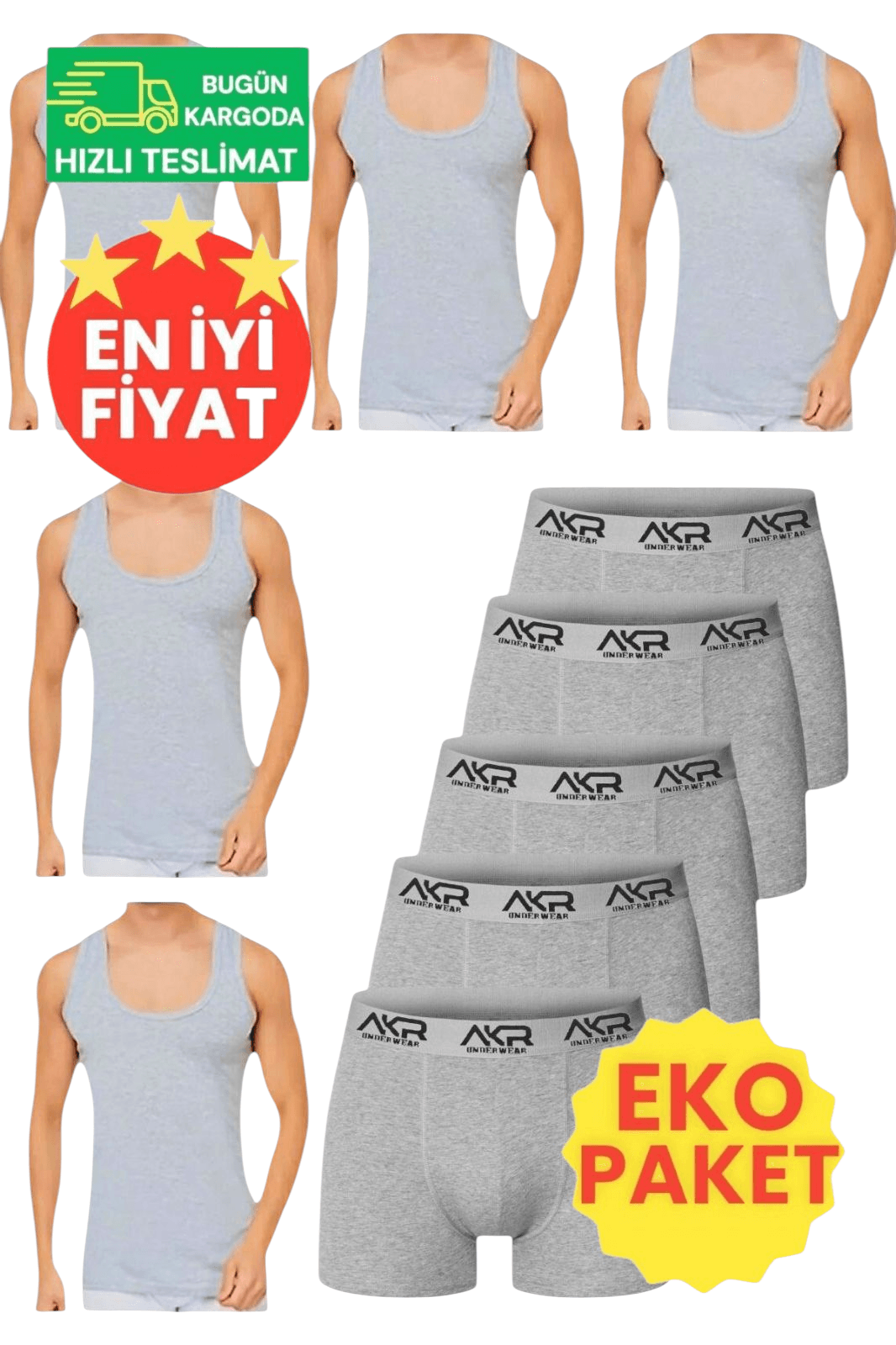 Erkek Pamuklu Dört Mevsim 5 Gri Atlet 5 Gri Boxer Set