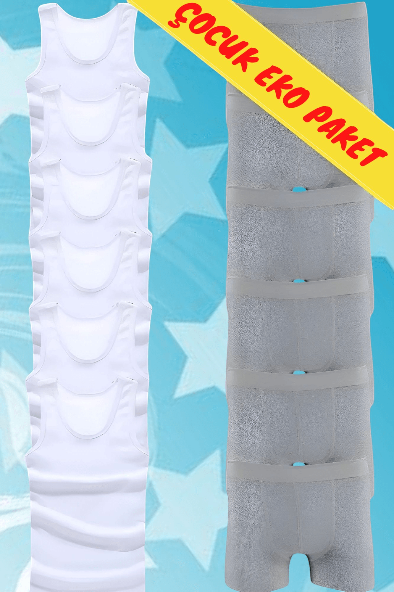 Erkek Çocuk Pamuklu Dört Mevsim 6 Beyaz Atlet 6 Gri Boxer Set