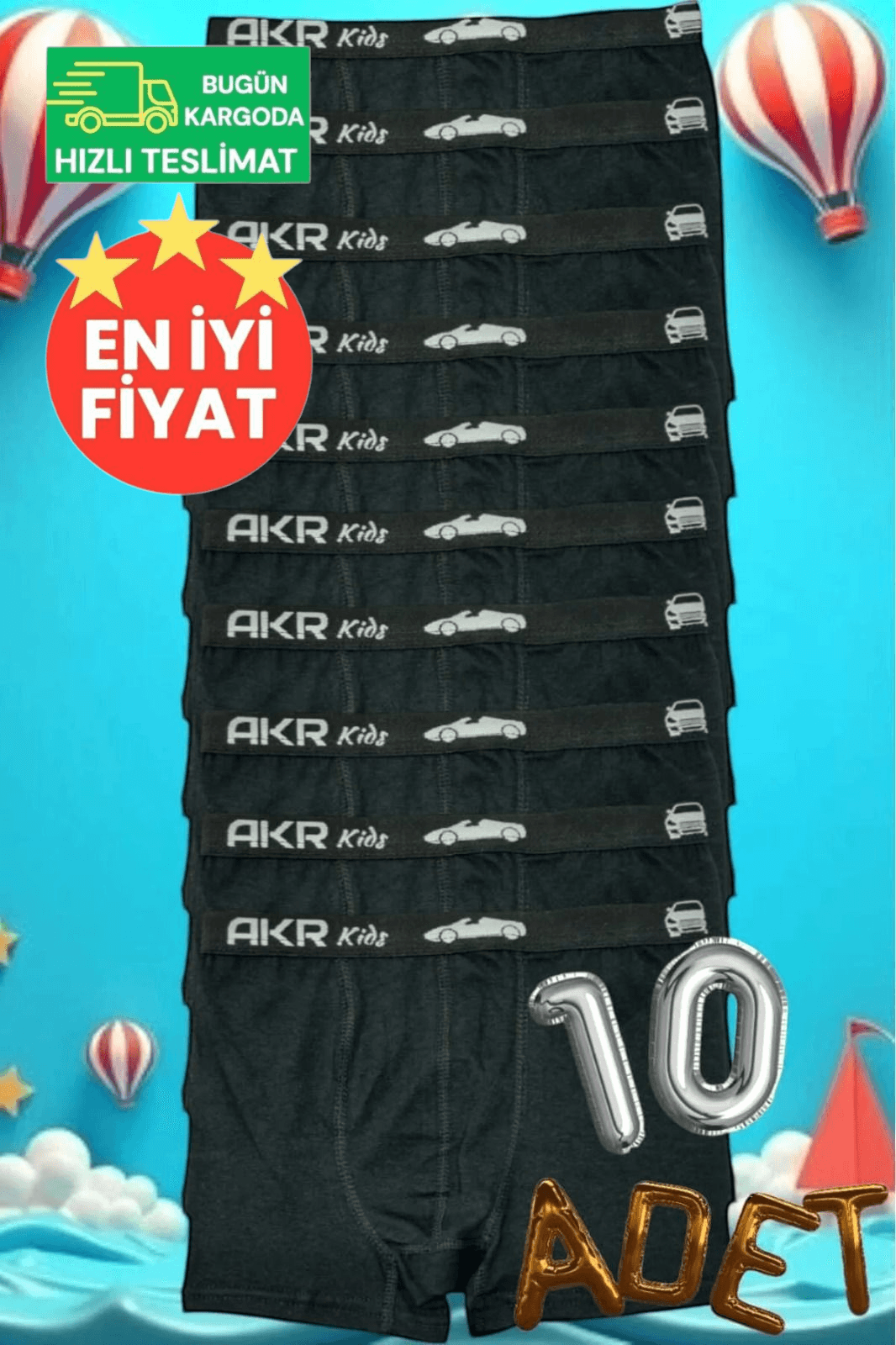 Erkek Çocuk Pamuklu Dört Mevsim  Siyah 10'lu Boxer