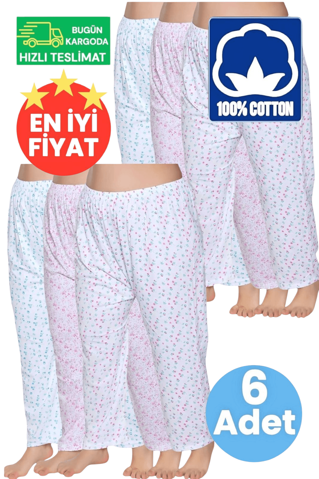 Kadın %100 Pamuklu Desenli Emprime Lastikli Uzun Pijama 6'lı Düz Paçalı Don 