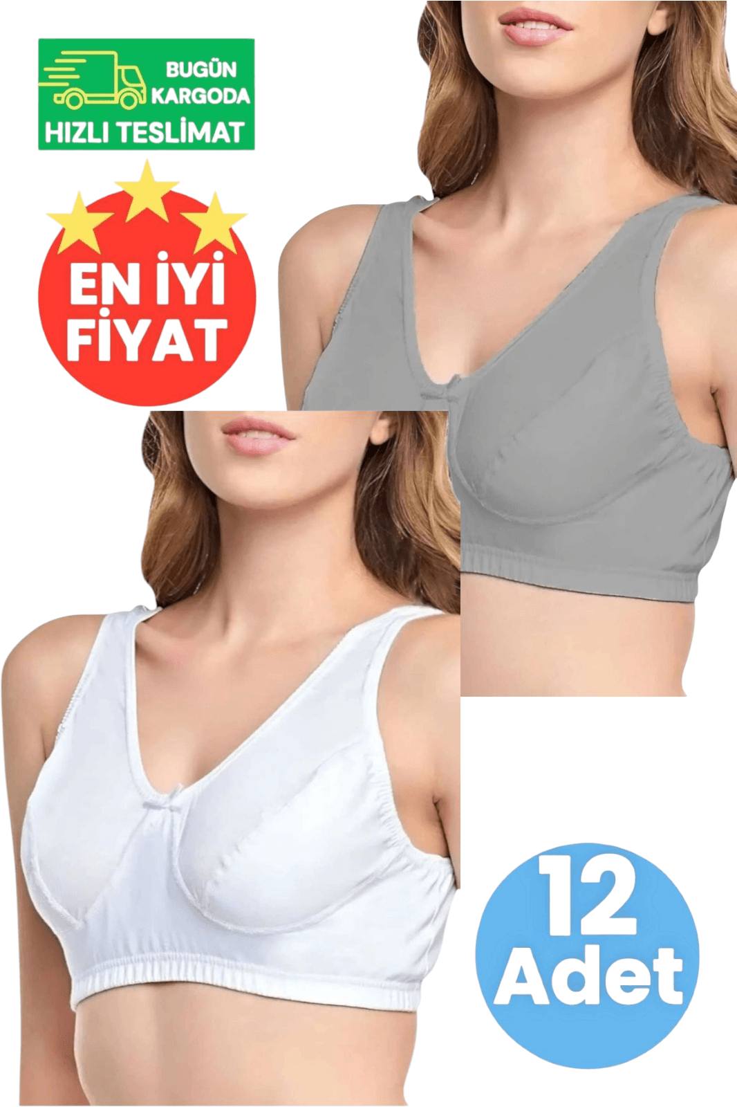 Kadın Pamuklu Penye Dört Mevsim 6 Beyaz 6 Gri  12'li Yarım Atlet Sütyen