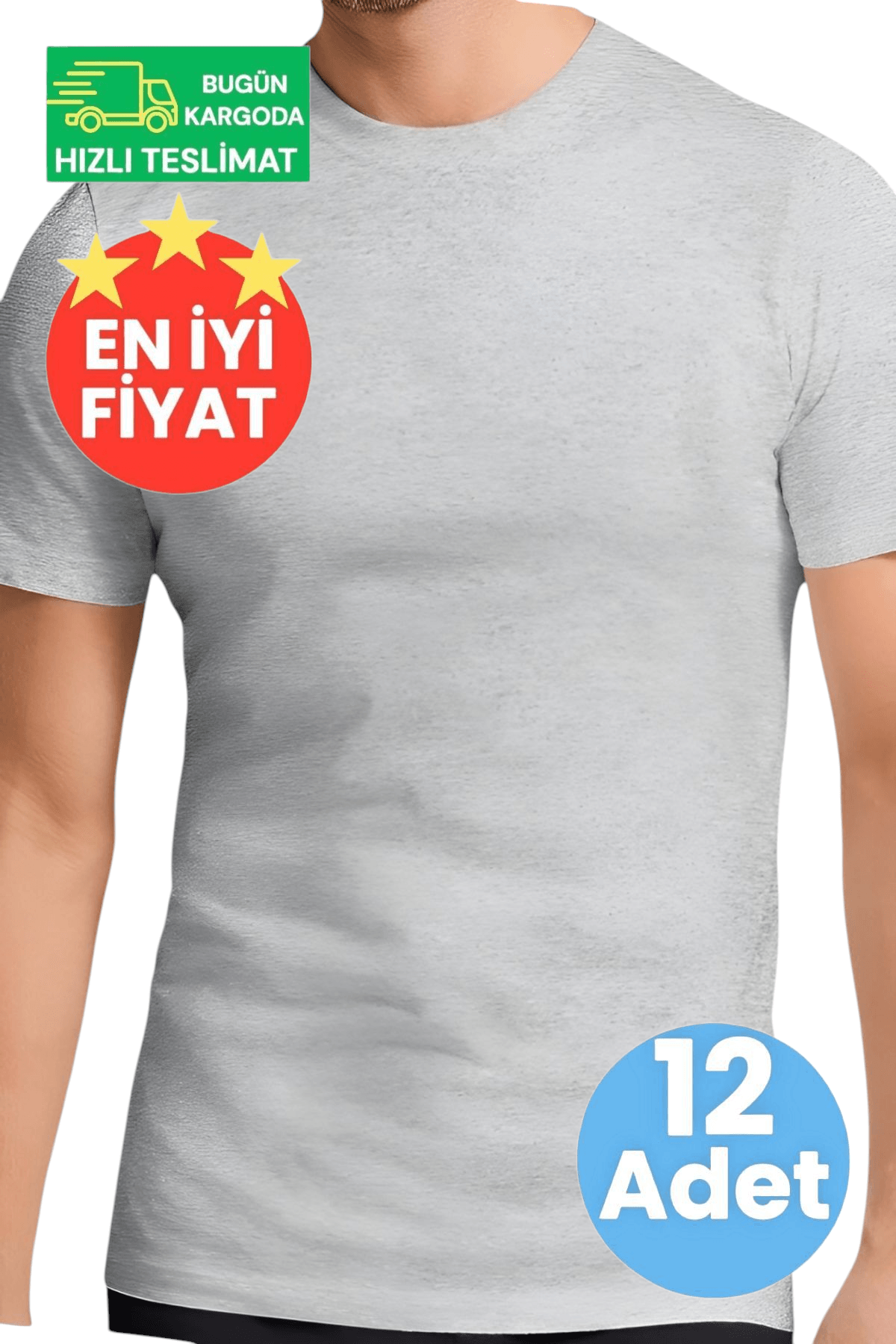 Erkek Pamuklu Dört Mevsim Sıfır Yaka Gri 12'liı Fanila