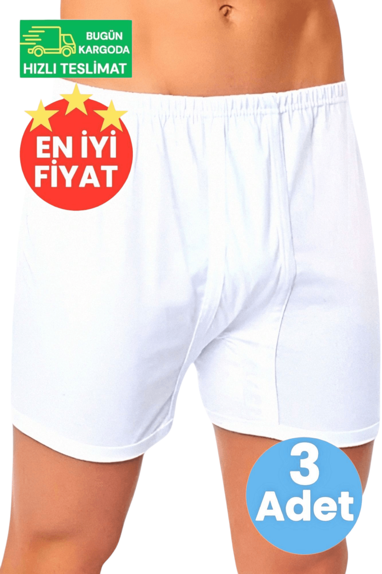 Erkek Pamuklu Dört Mevsim Rahat Kesim  3'lü Beyaz Paçalı  Boxer Külot