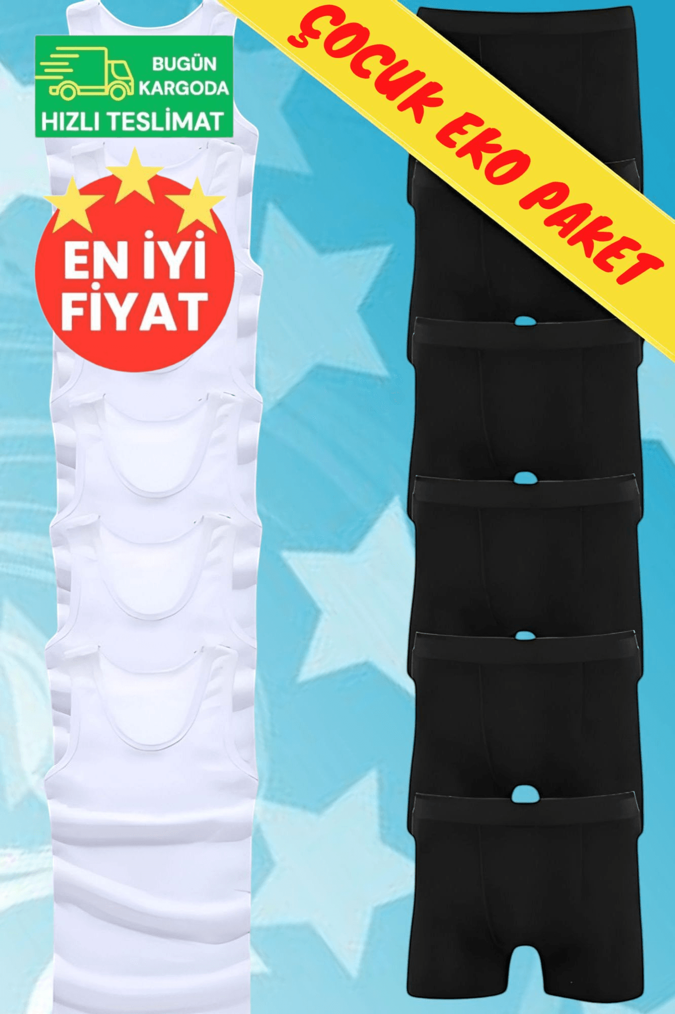 Erkek Çocuk Pamuklu Dört Mevsim 6 Beyaz Atlet 6 Siyah Boxer Set