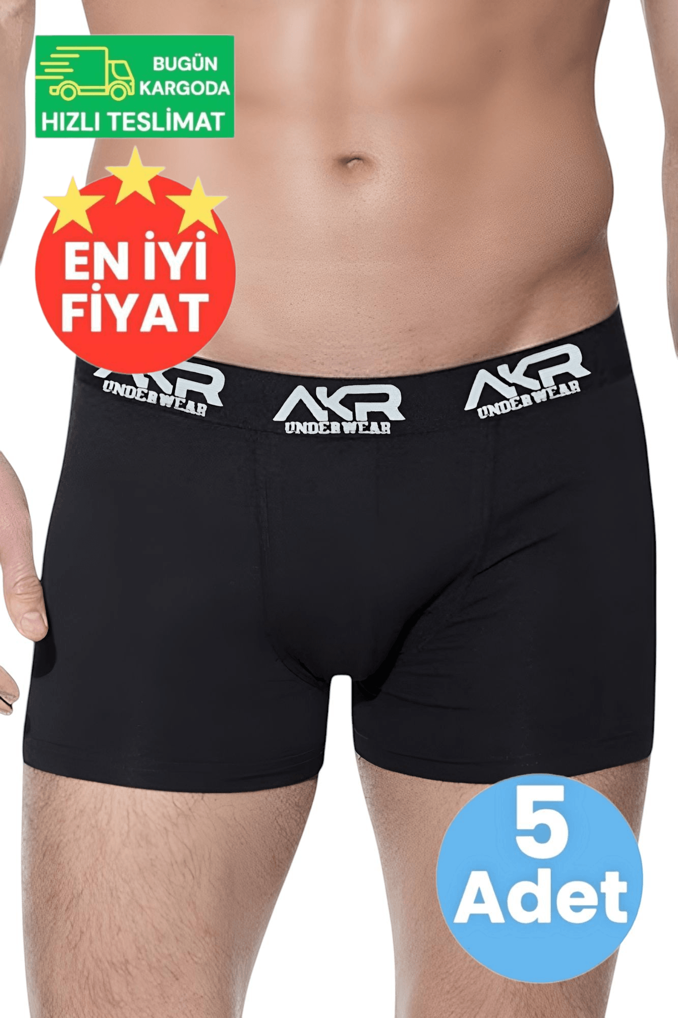 Erkek Pamuklu Dört Mevsim Likralı Siyah 5'li Boxer
