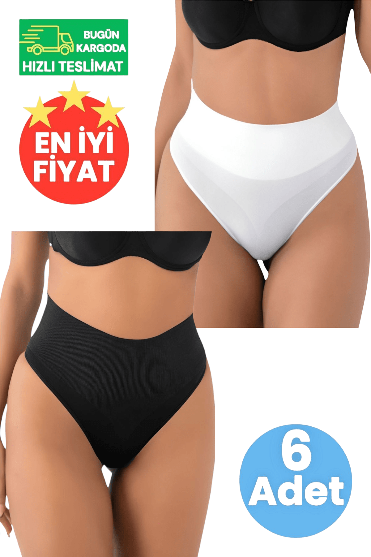 Kadın Dikişsiz Alt Karın Toparlayıcı 3 Beyaz ve 3 Siyah 6'lı String Külot Korse