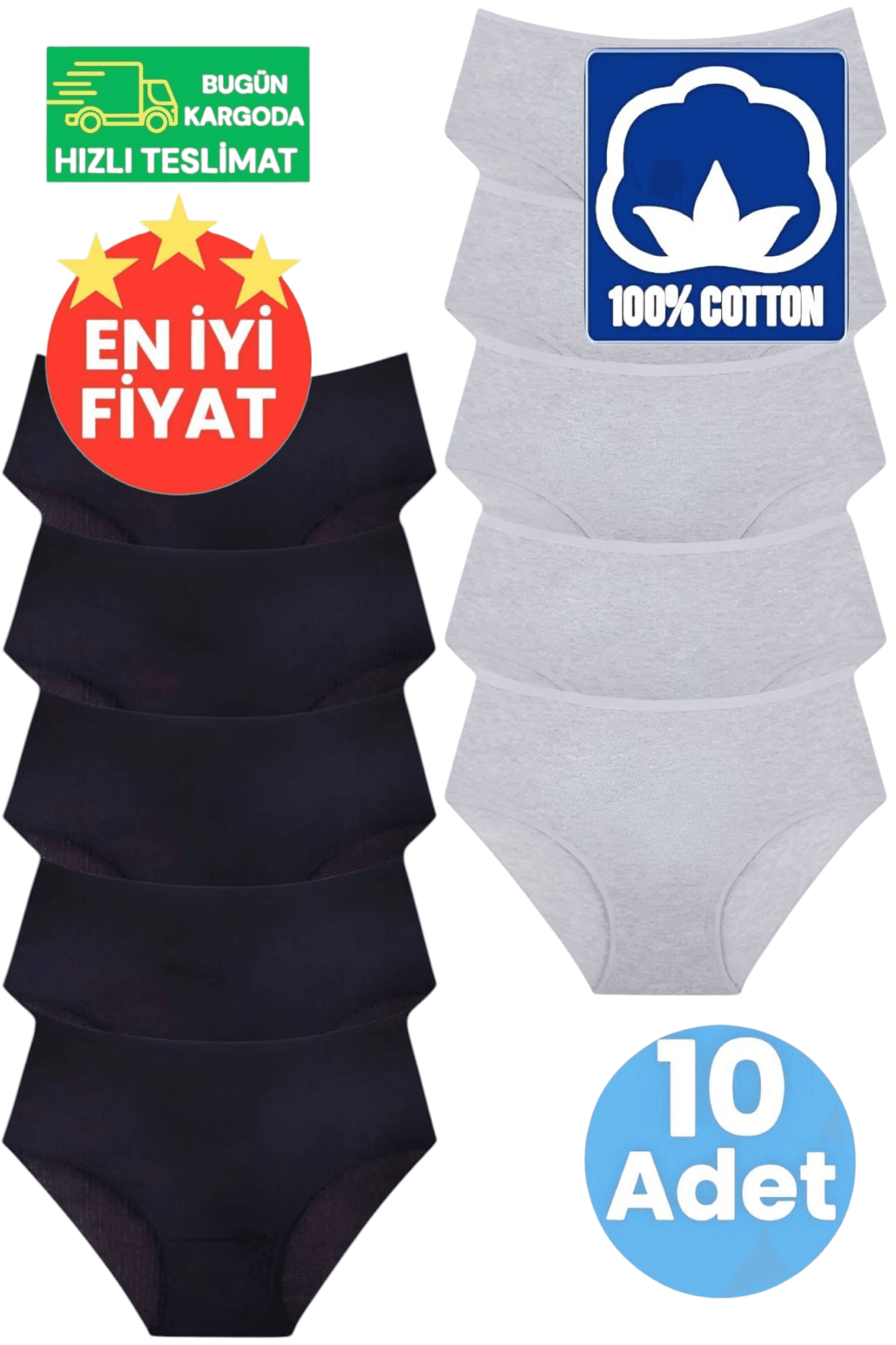 Kadın Yüksel Bel %100 Pamuklu Fitilli 5 Gri ve 5 Siyah 10'lu Bato Külot 