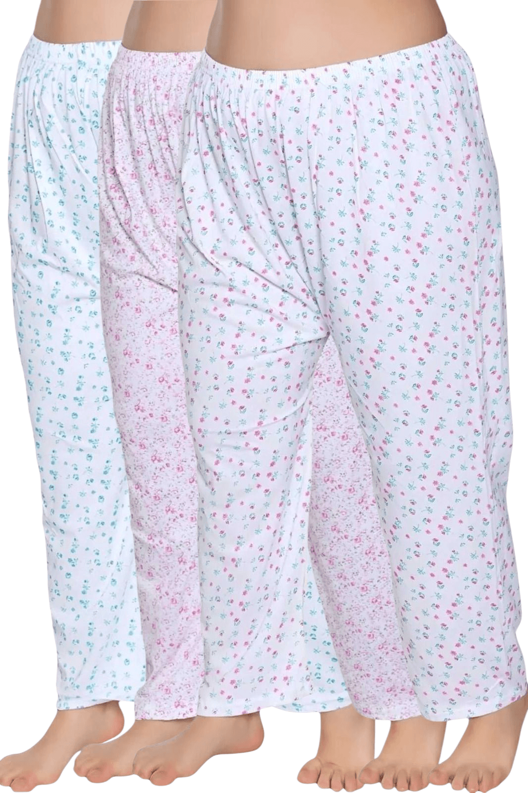 Kadın %100 Pamuklu Desenli Emprime Lastikli Uzun Pijama 3'lü Düz Paçalı Don 