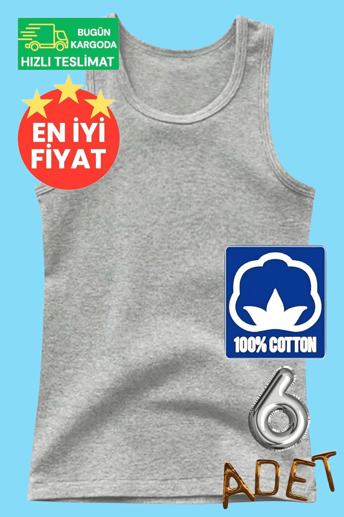 Erkek Çocuk Premium % 100 Pamuklu Gri 6'lı Atlet