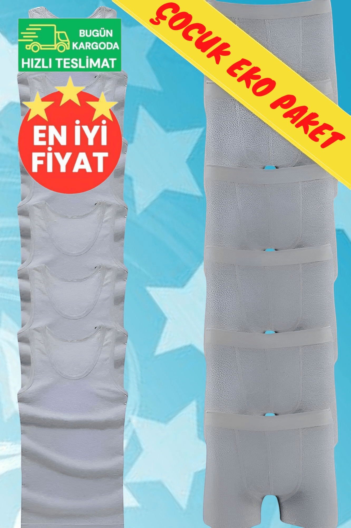 Erkek Çocuk Pamuklu Dört Mevsim 6 Gri Atlet 6 Gri Boxer Set