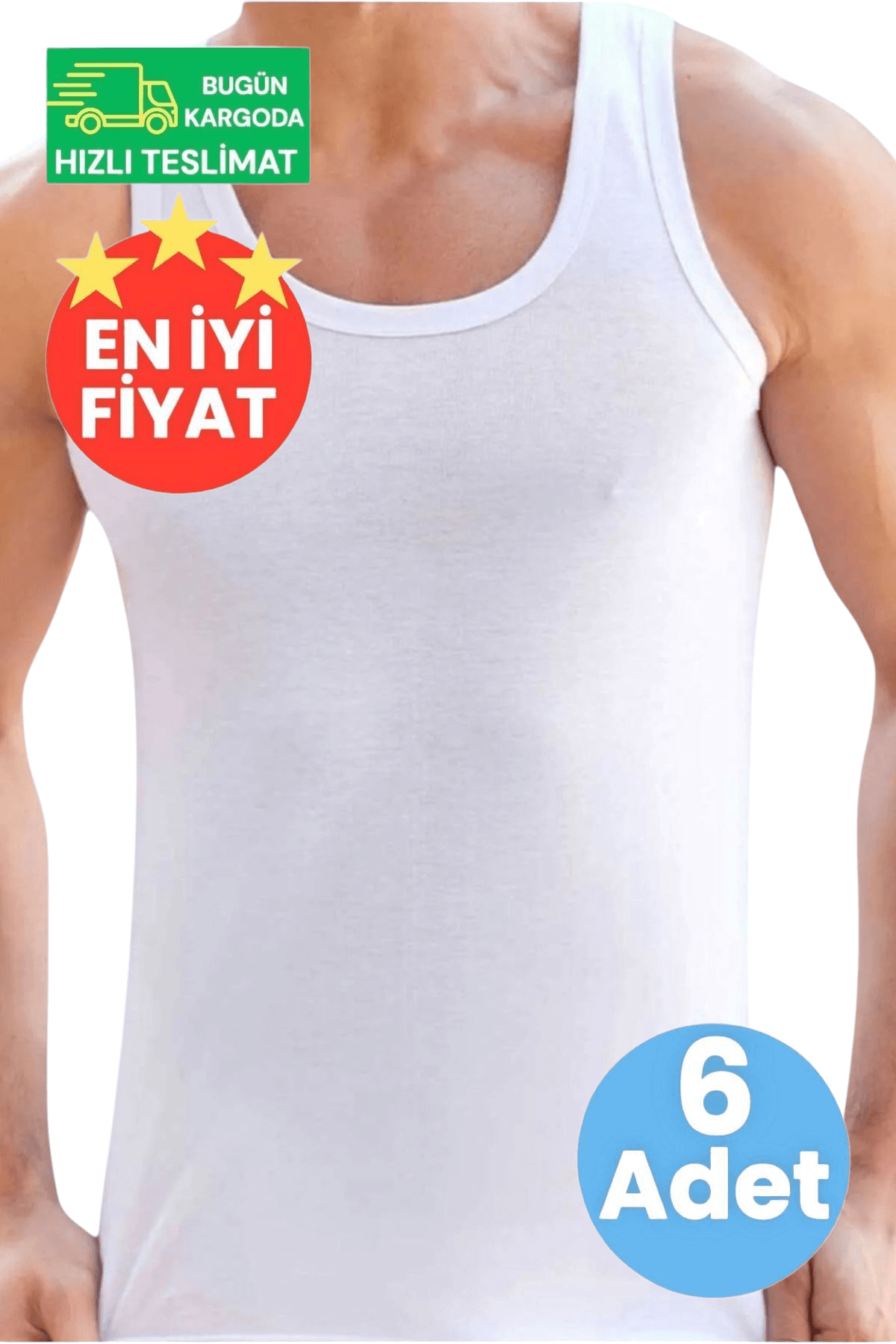 Erkek Pamuklu Dört Mevsim Beyaz 6'lı Atlet