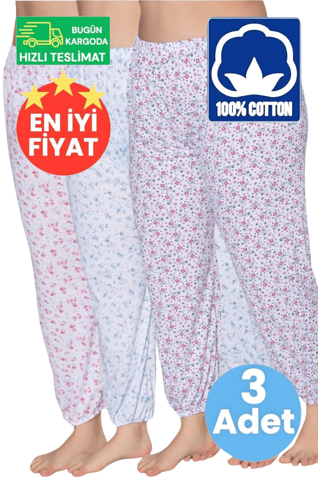 Kadın %100 Pamuklu Desenli Emprime Lastikli Uzun Pijama 3'lü Lastik Paçalı Don 