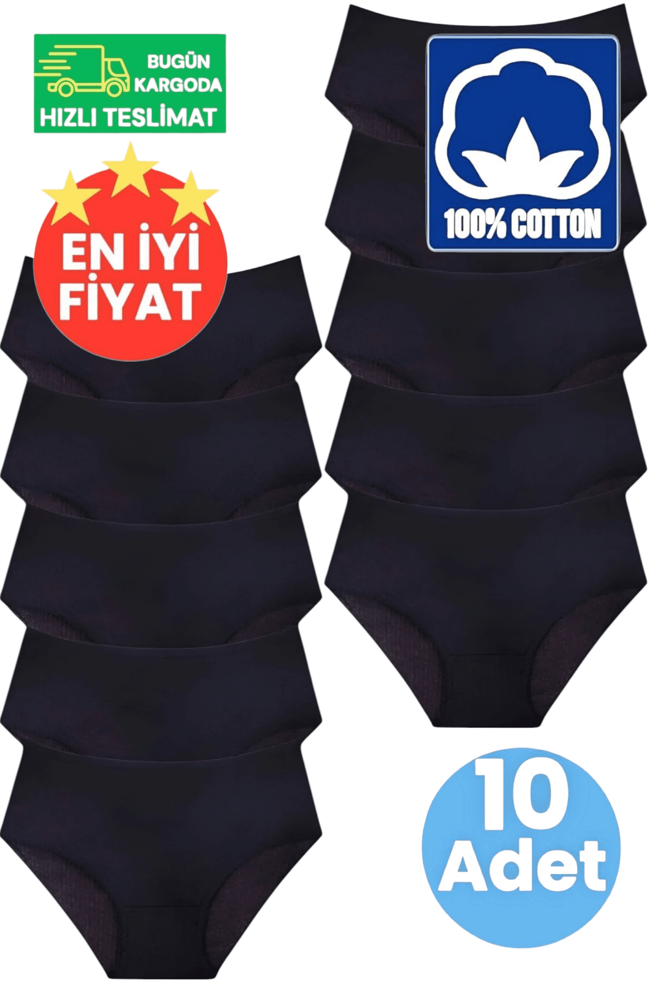Kadın Yüksel Bel %100 Pamuklu Fitilli Siyah 10'lu  Bato Külot 